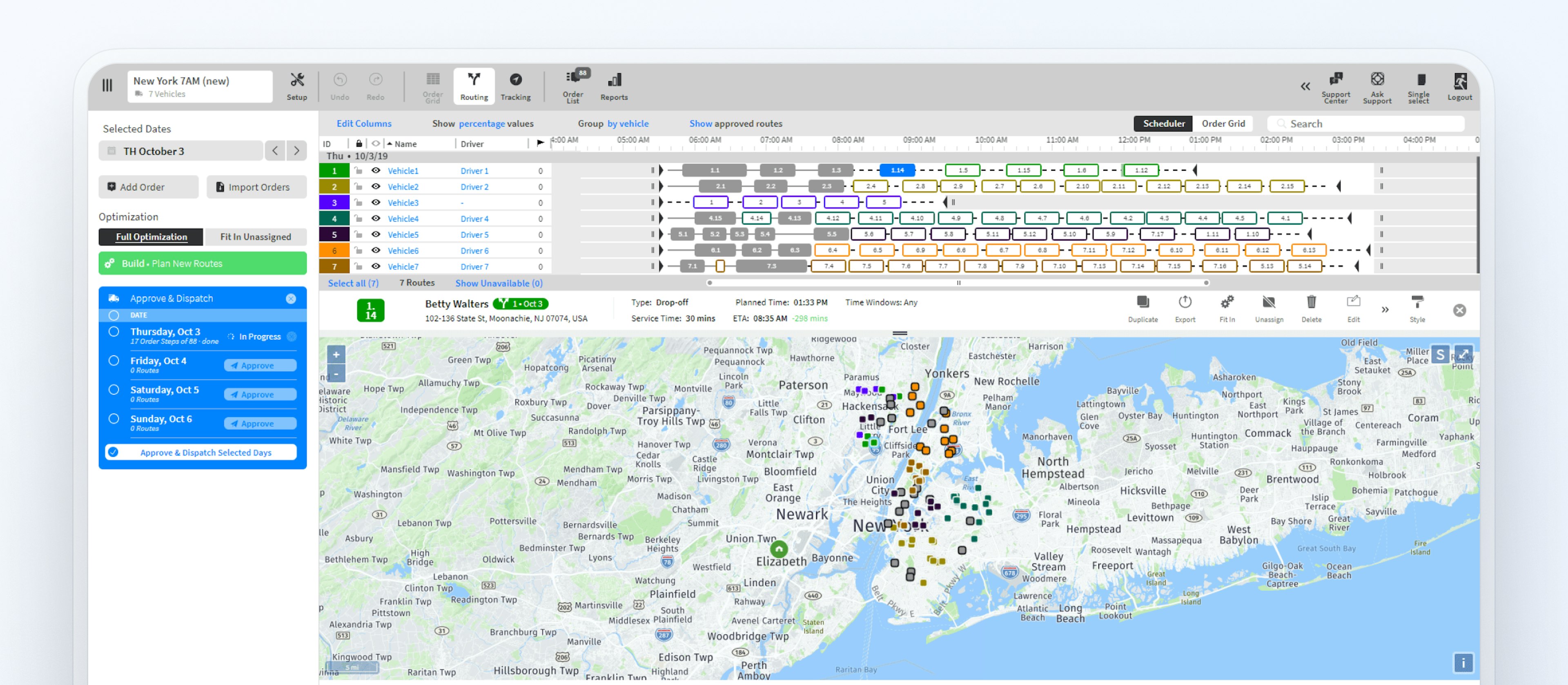 WorkWave RouteManager dashboard with delivery stops and drivers list 