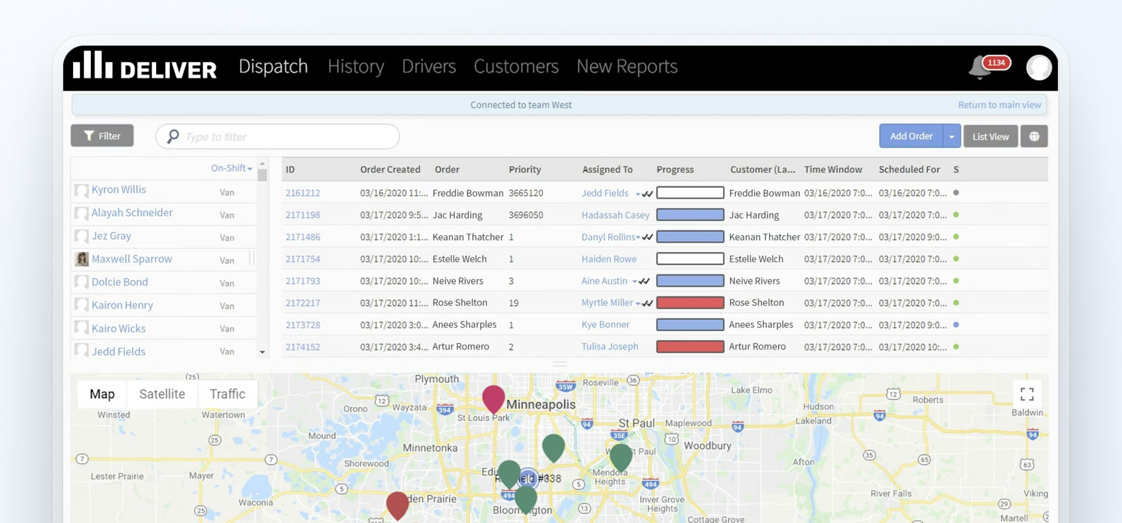 Bringg dashboard showing delivery stops and drivers list