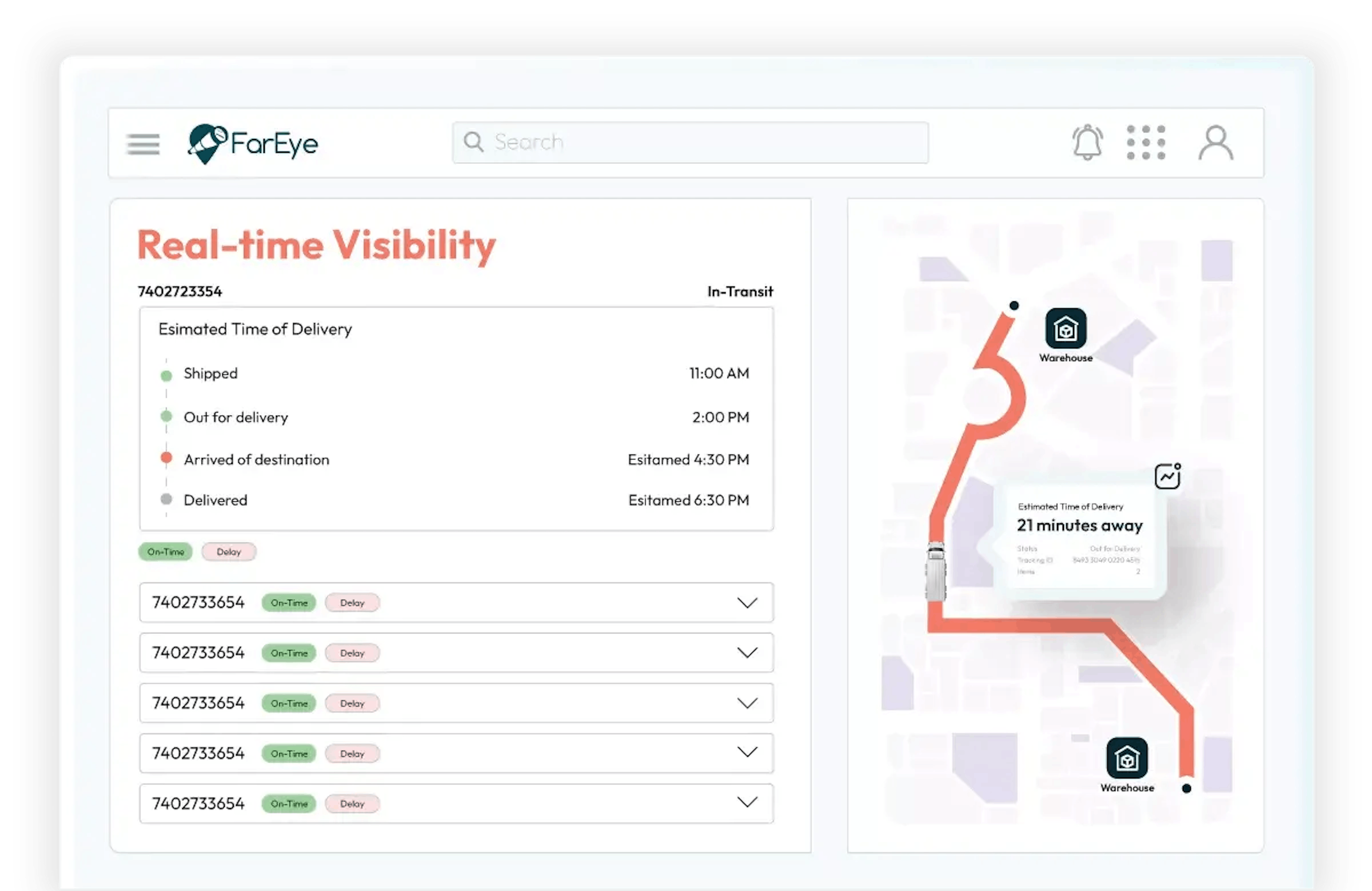 Product screenshot of FarEye delivery tracking dashboard