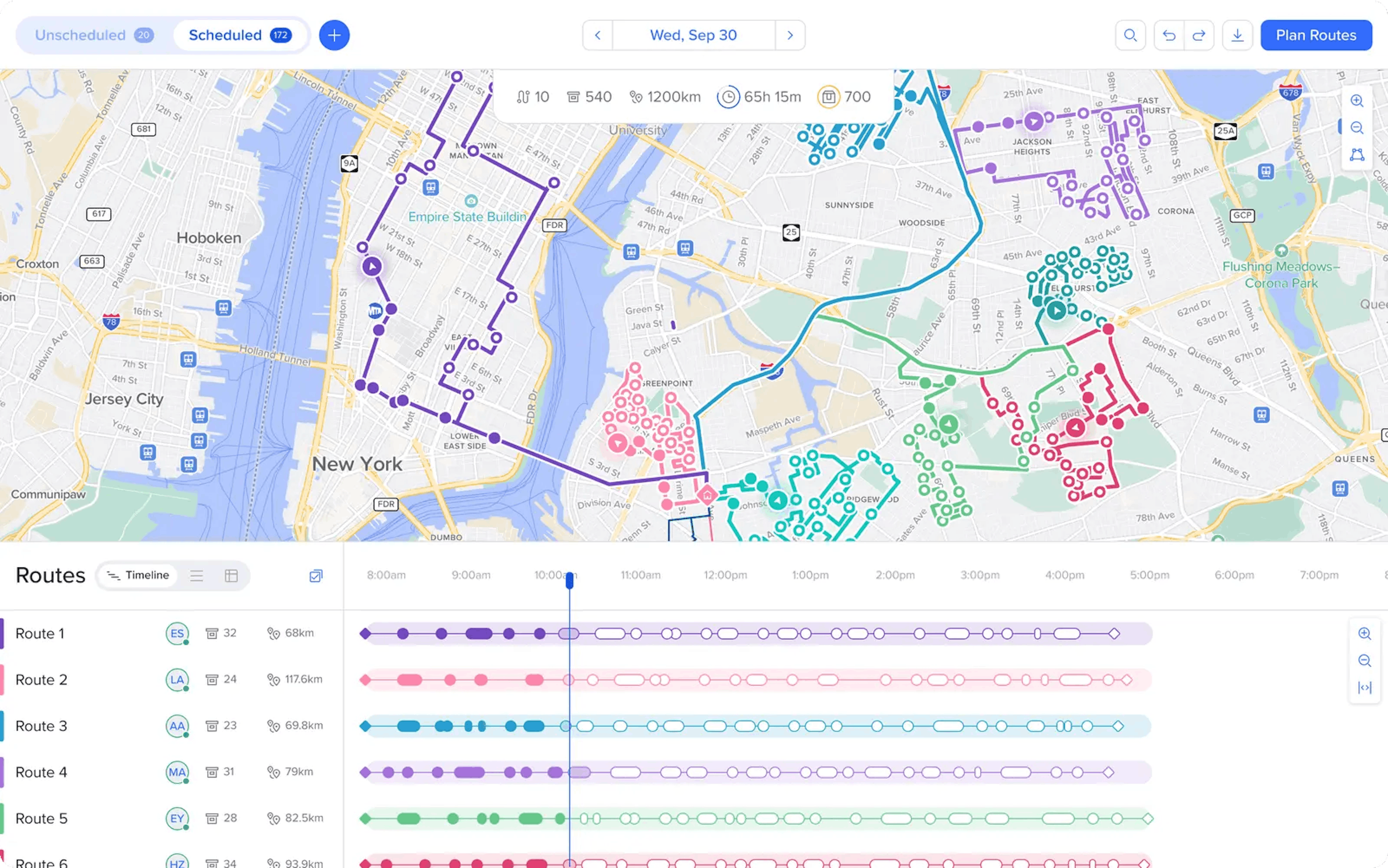 Route planning map with color-coded delivery paths and timeline view