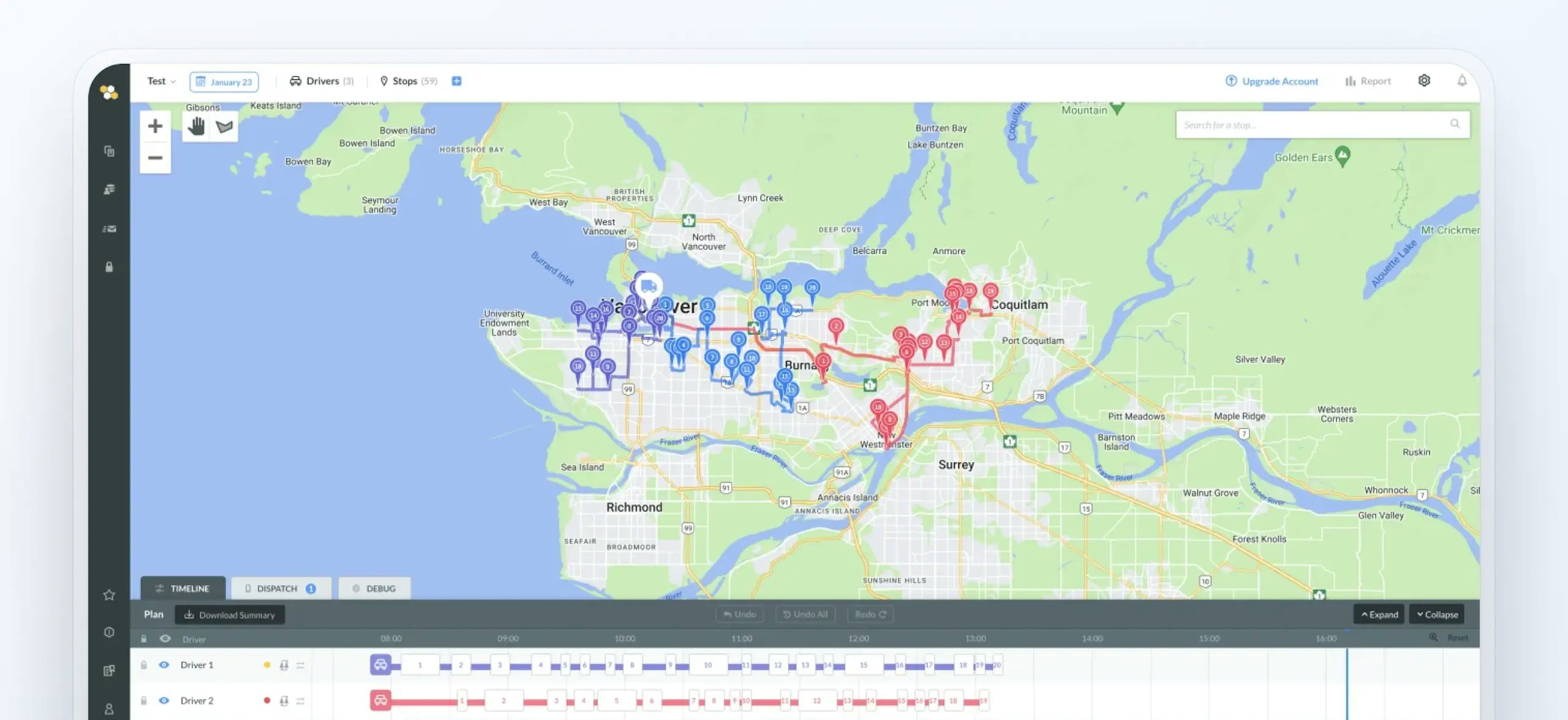 Routific's route optimization map interface with driver routes