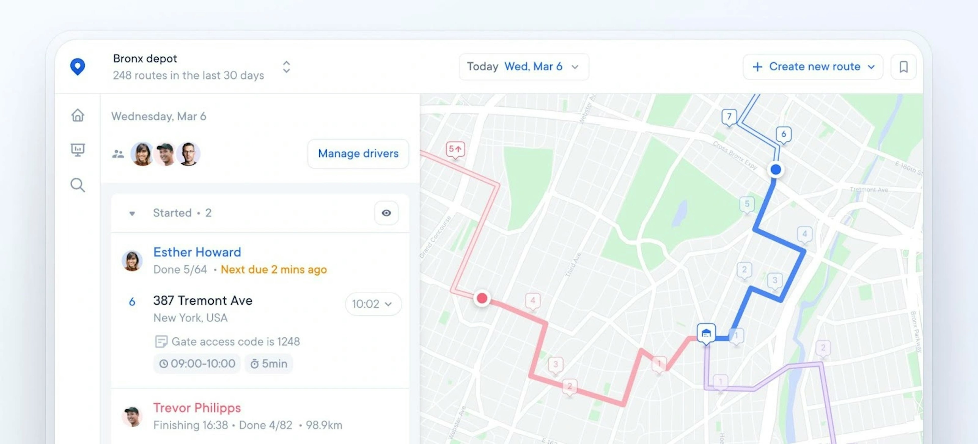 Real-time delivery tracking with driver management and routes