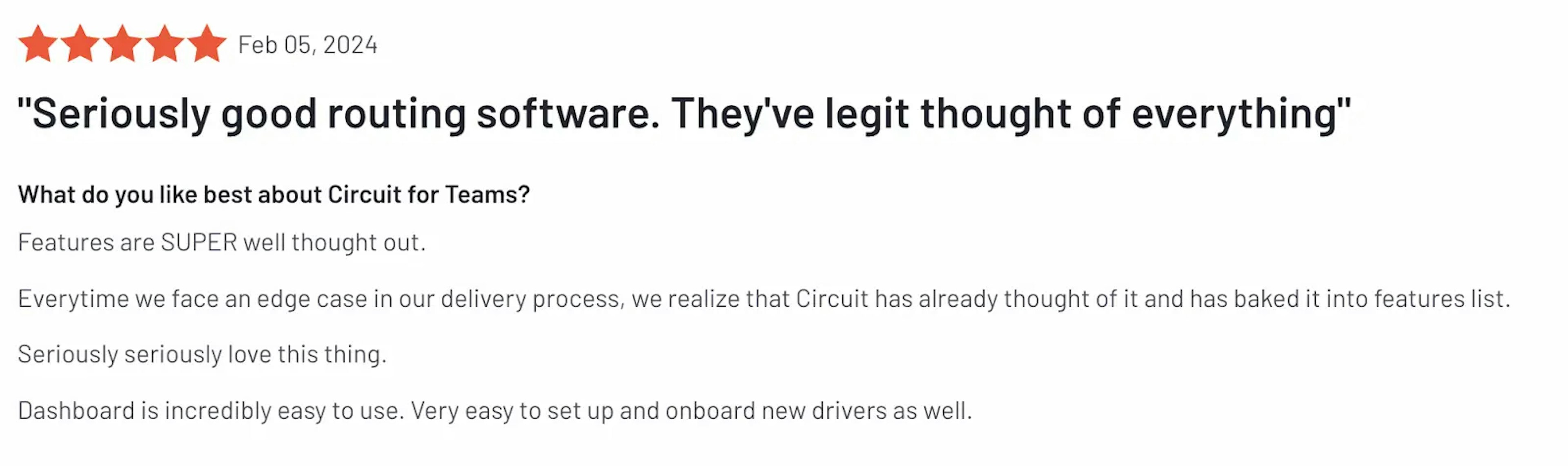 5-star review praising the reliability and features of Circuit