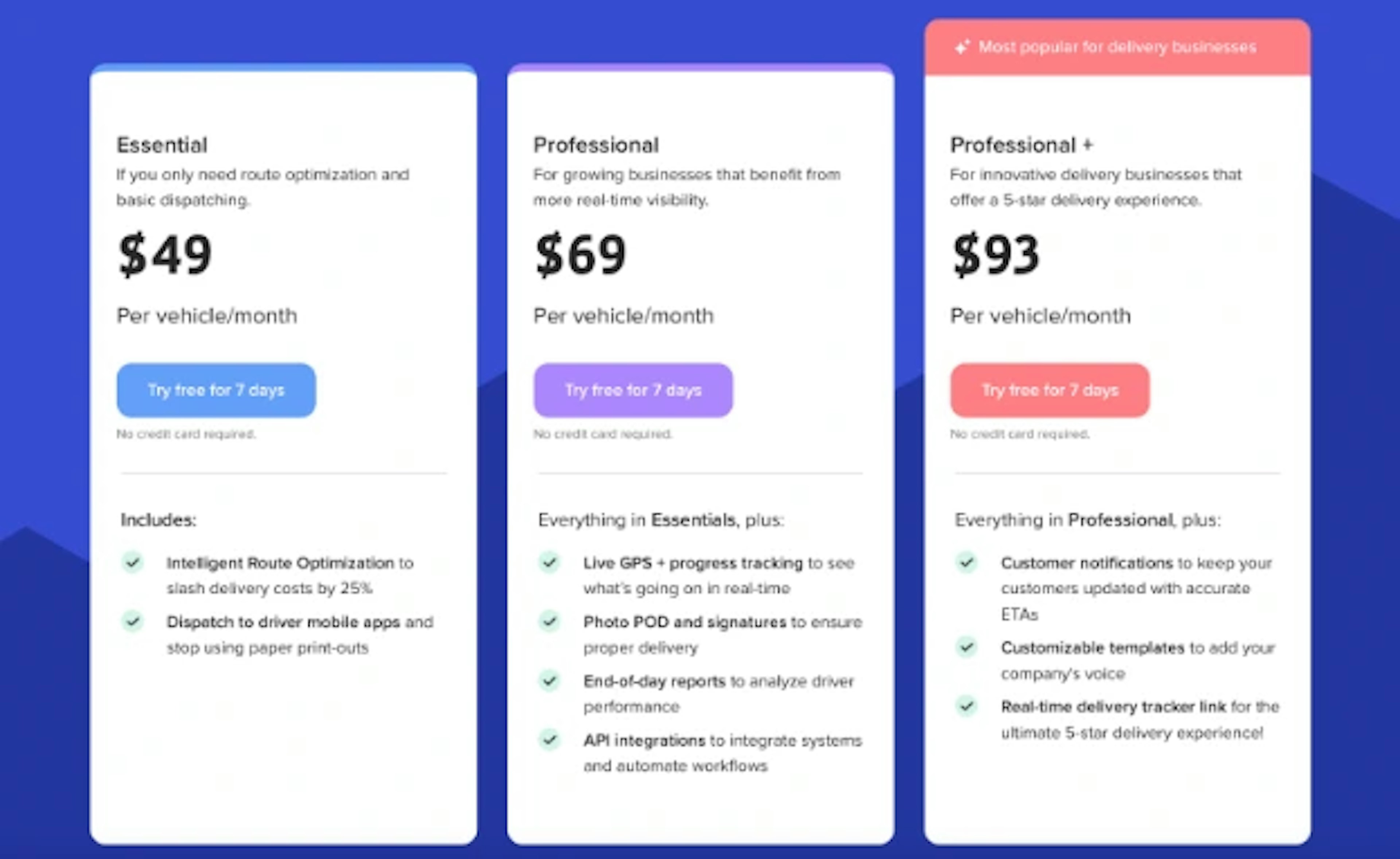 Pricing tiers for delivery services: Essential, Professional