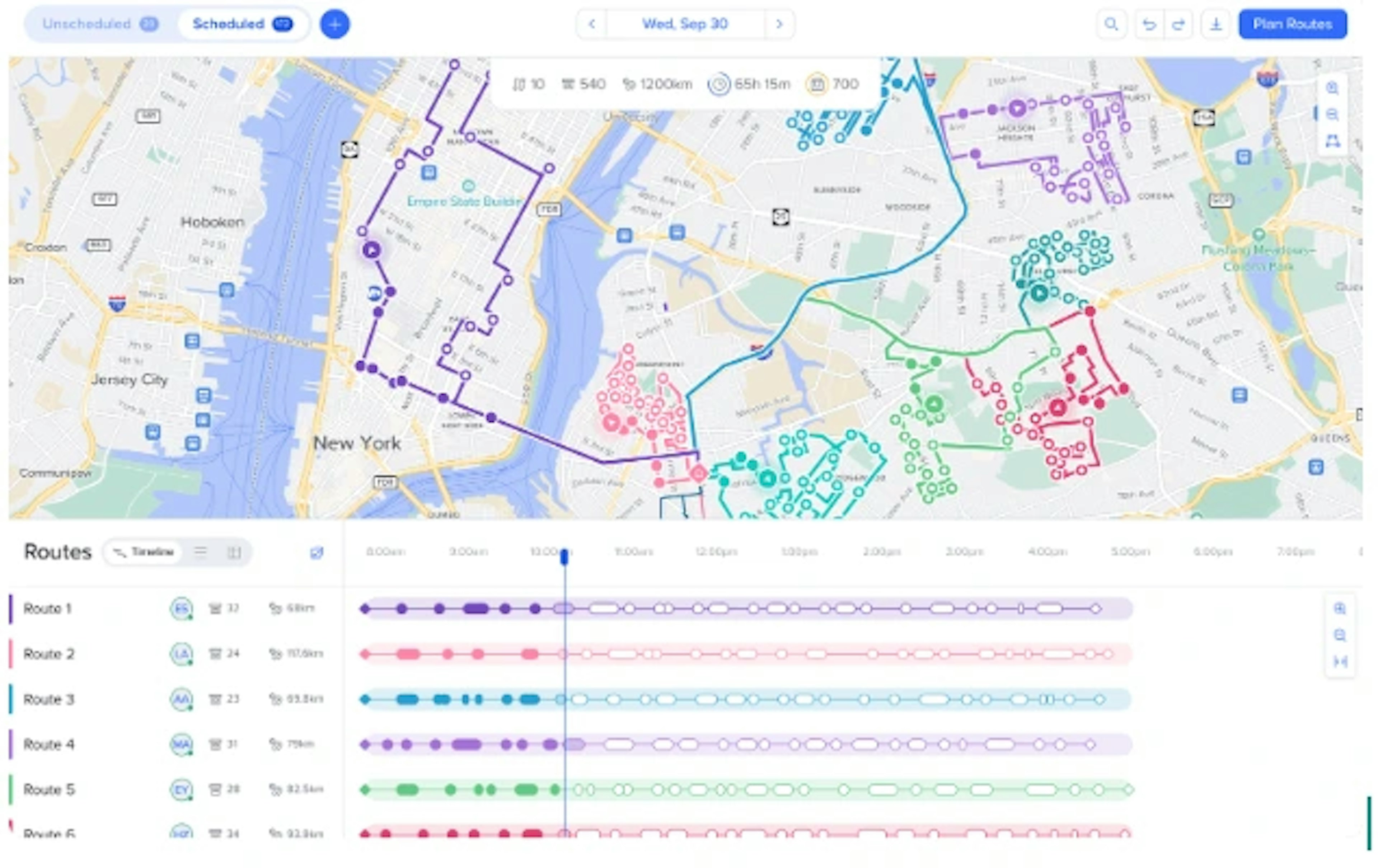 Route scheduling map with timelines for various delivery routes