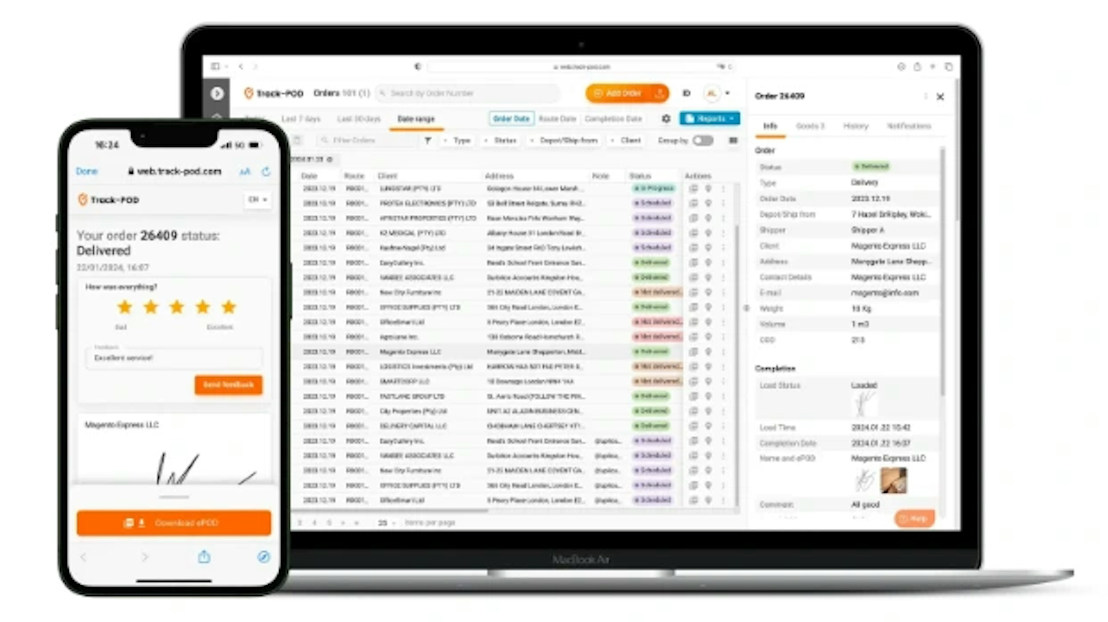 Track-POD dashboard showing delivery feature