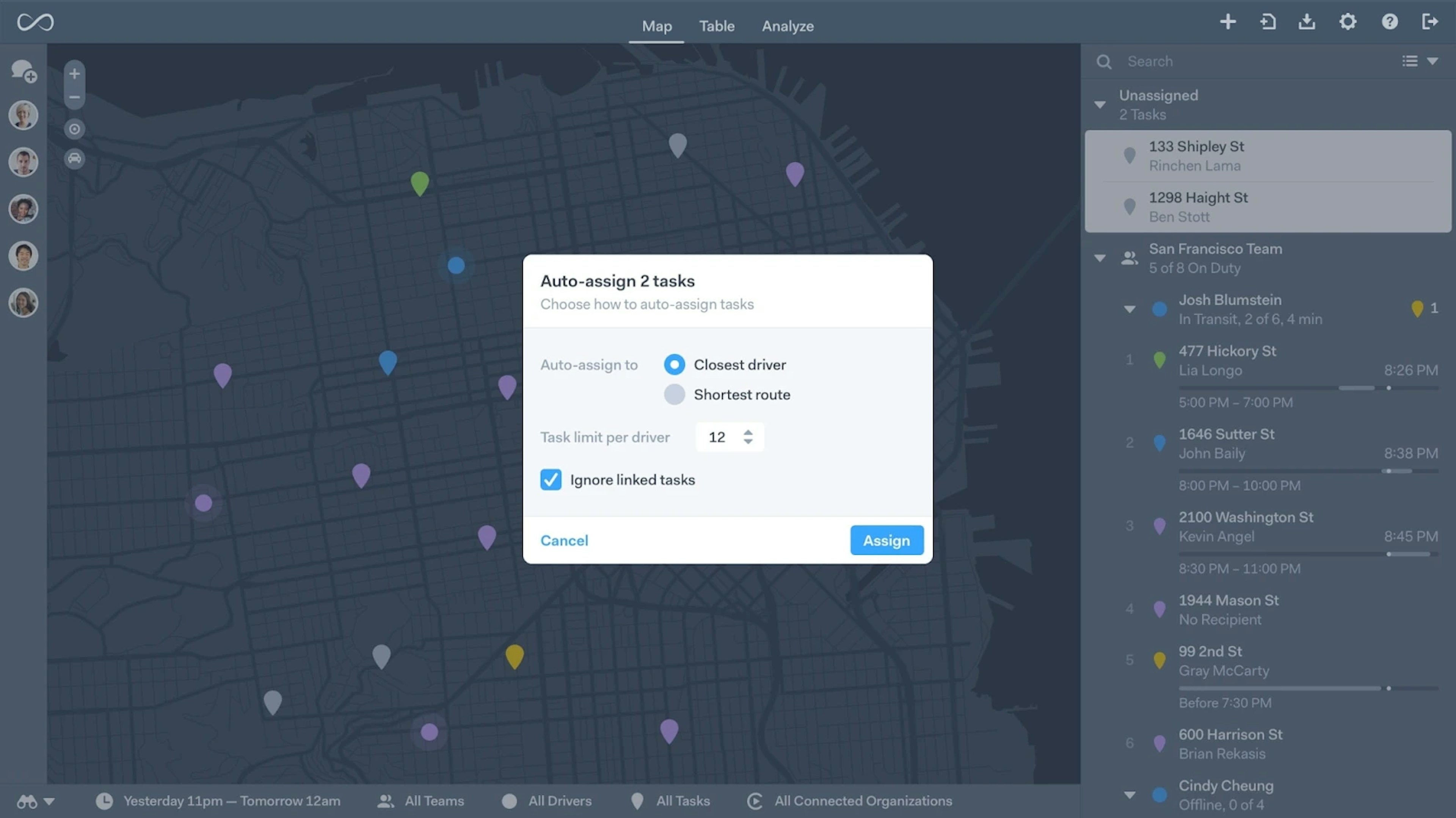 Onfleet dashboard showing management features