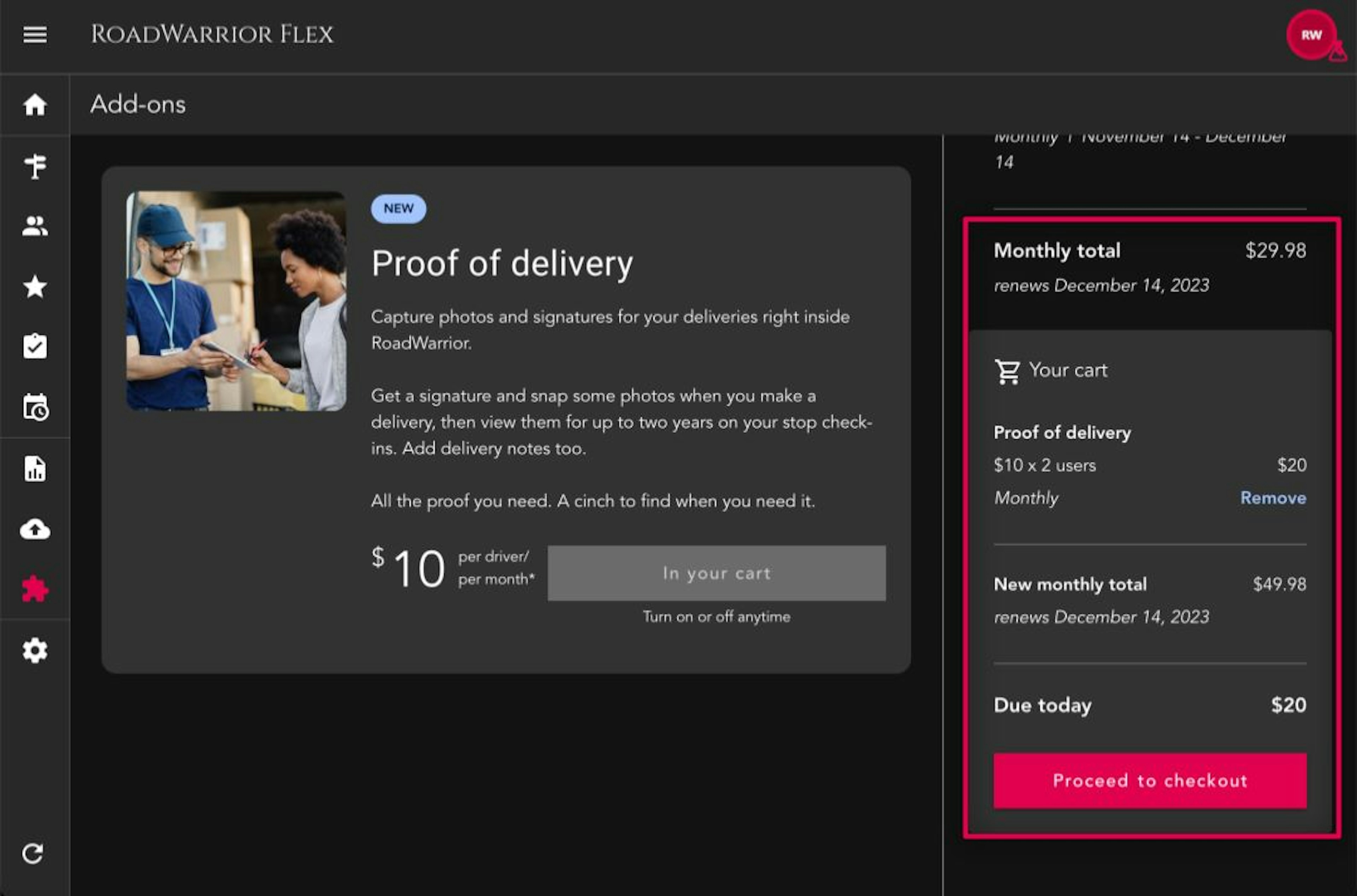 RoadWarrior Flex add-on: $10/month per driver for proof of delivery