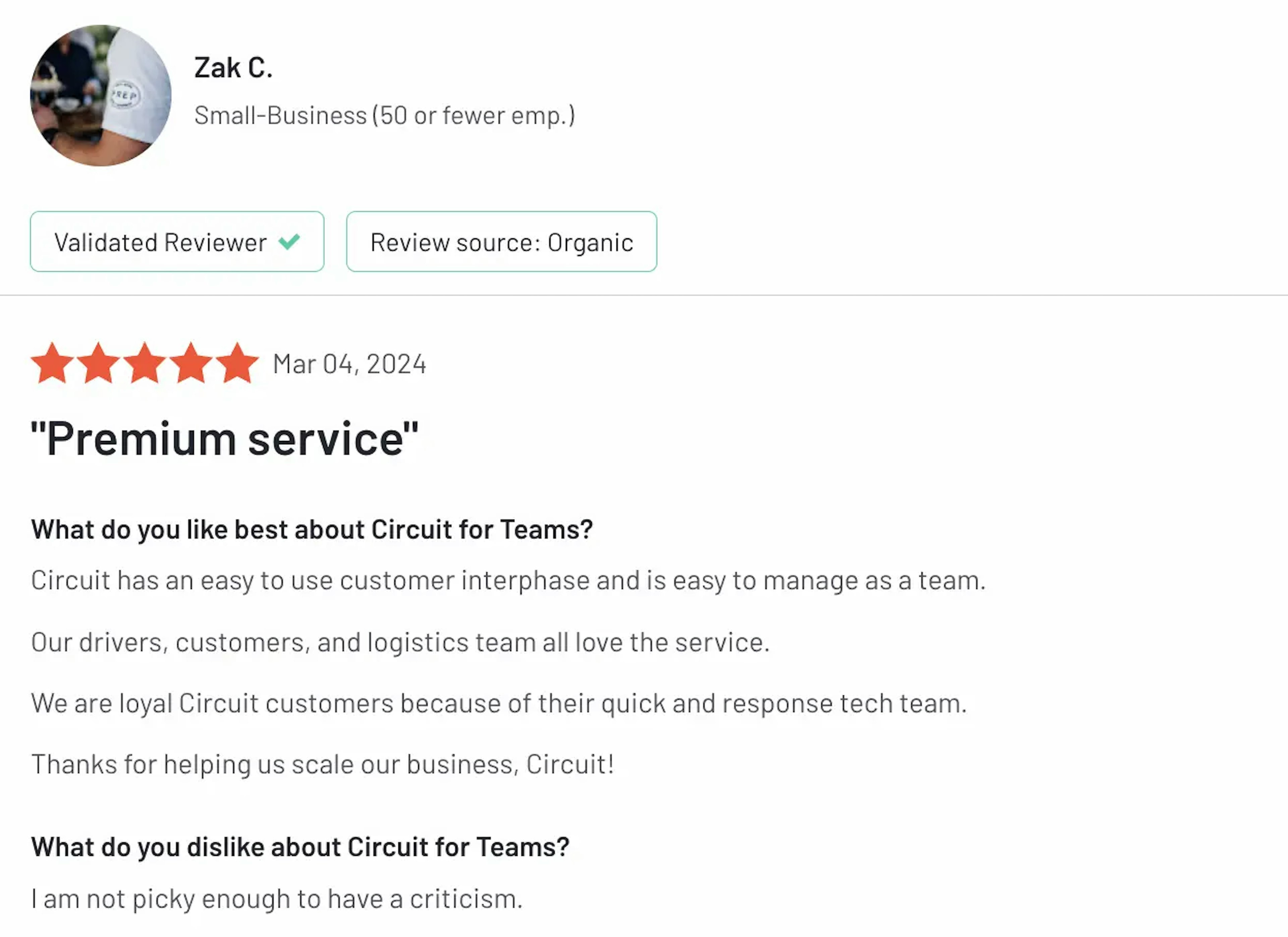 5-star review for Circuit for Teams praising customer interface