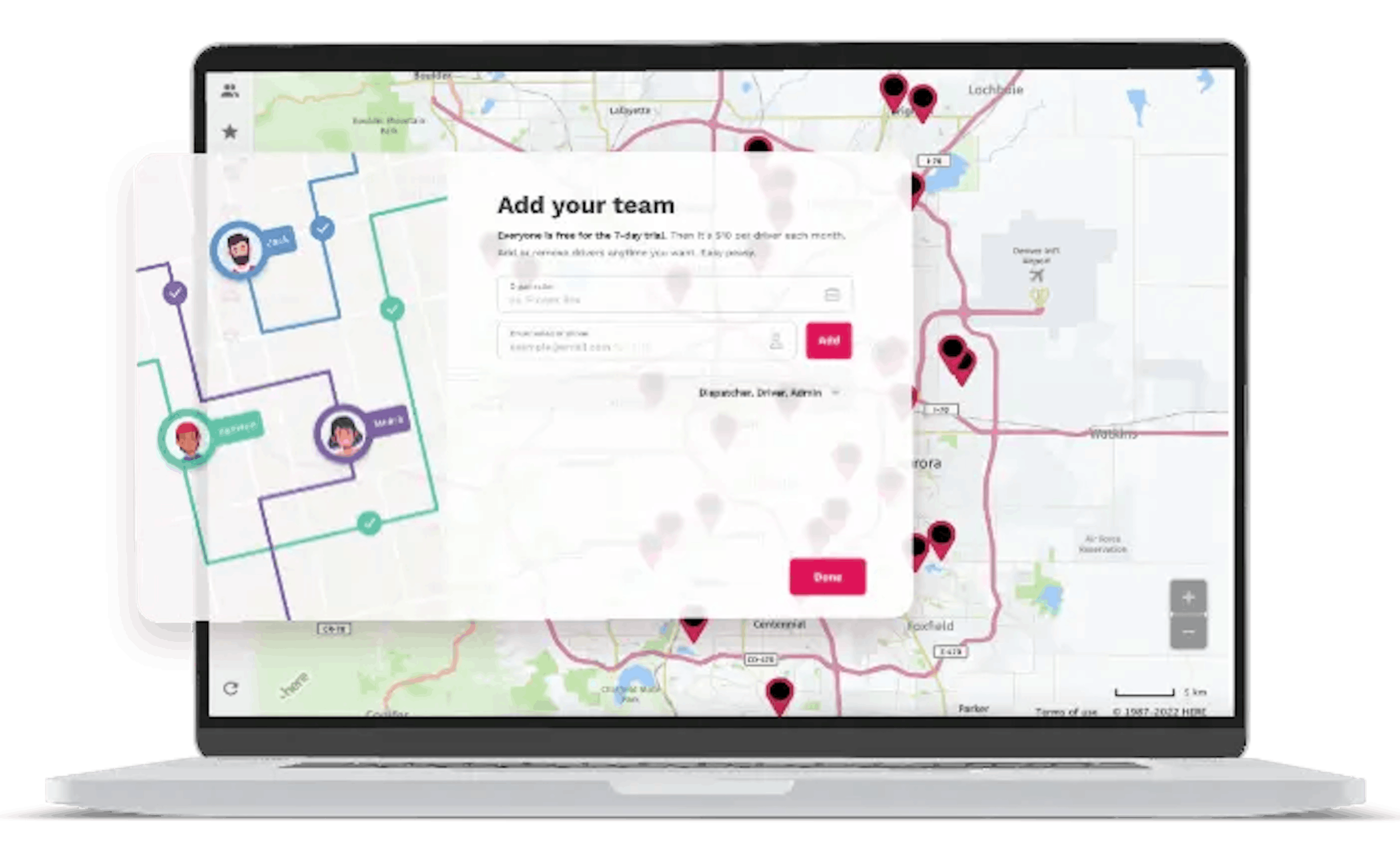 Team management and route assignment on RoadWarrior app interface