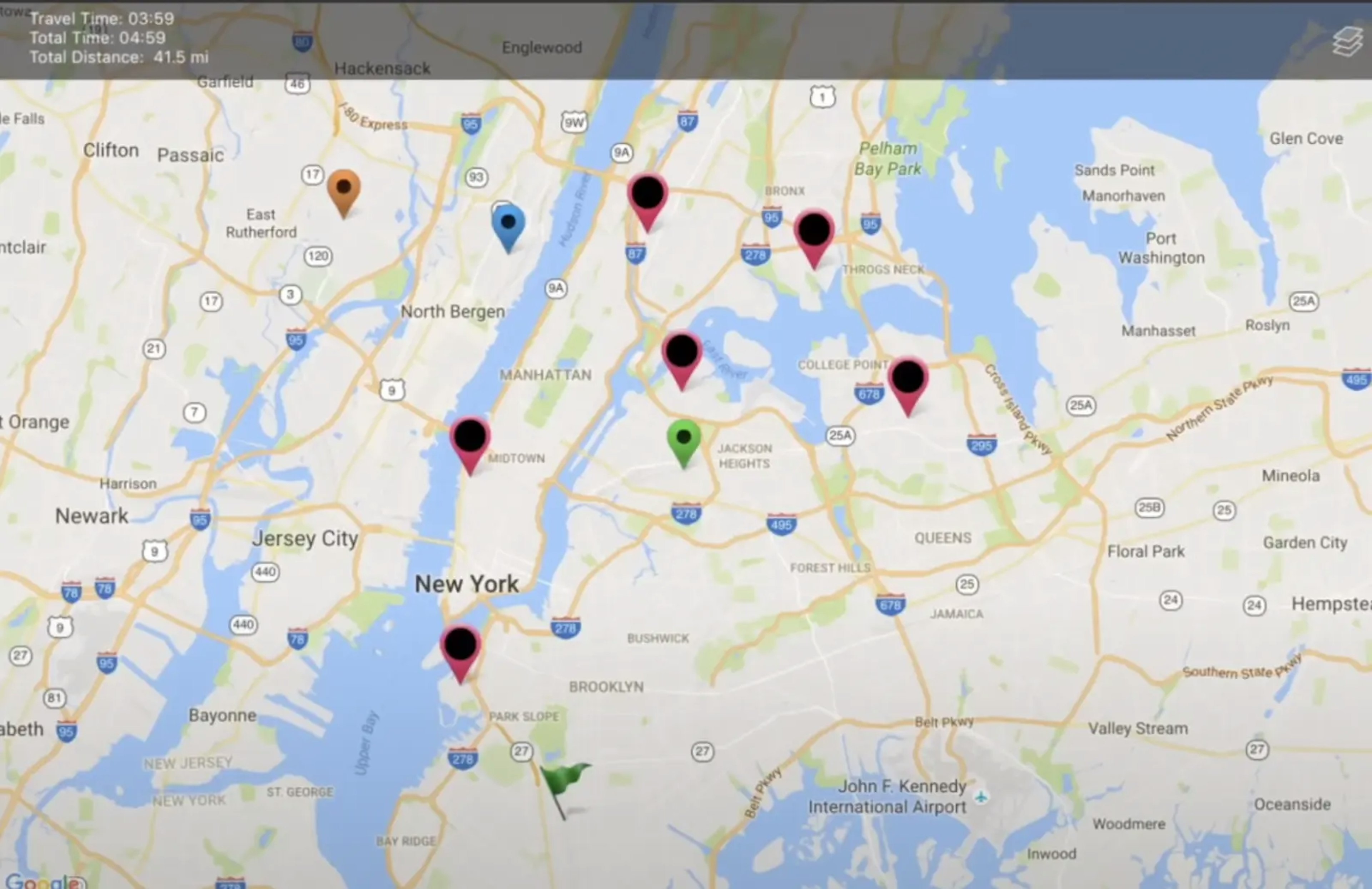 Map view showing delivery locations and route points on RoadWarrior