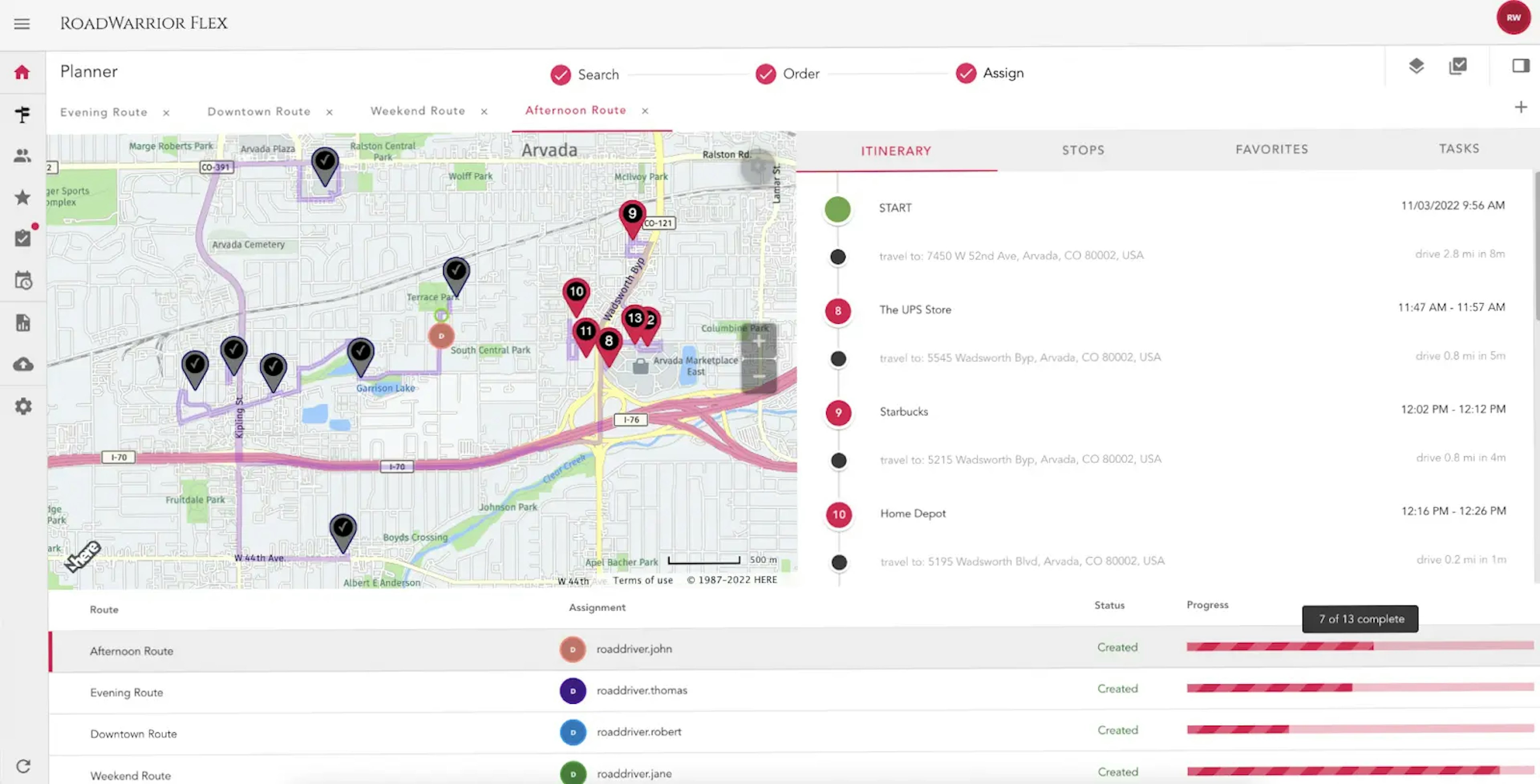 RoadWarrior Flex showing route optimization and task progress tracking