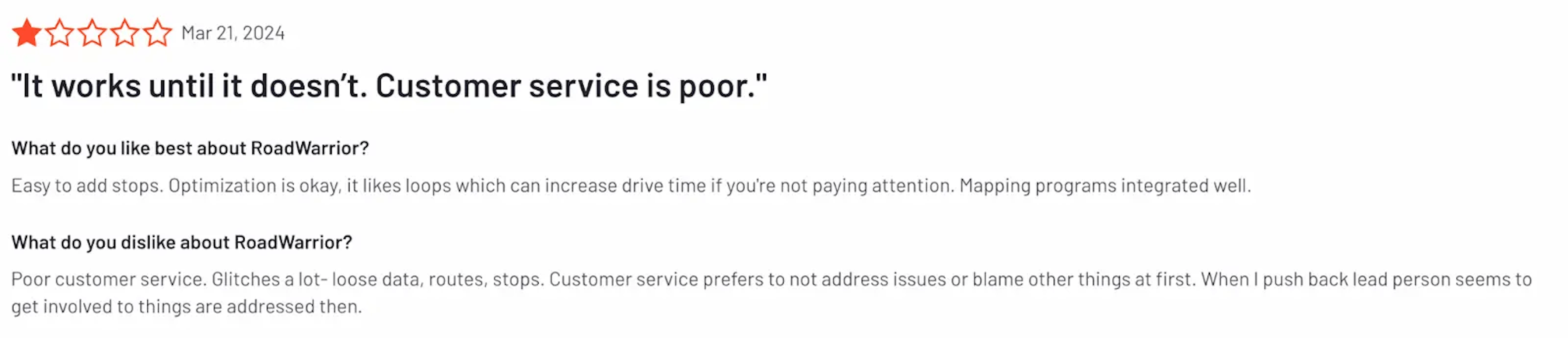 RoadWarrior review: functional issues and poor customer service noted
