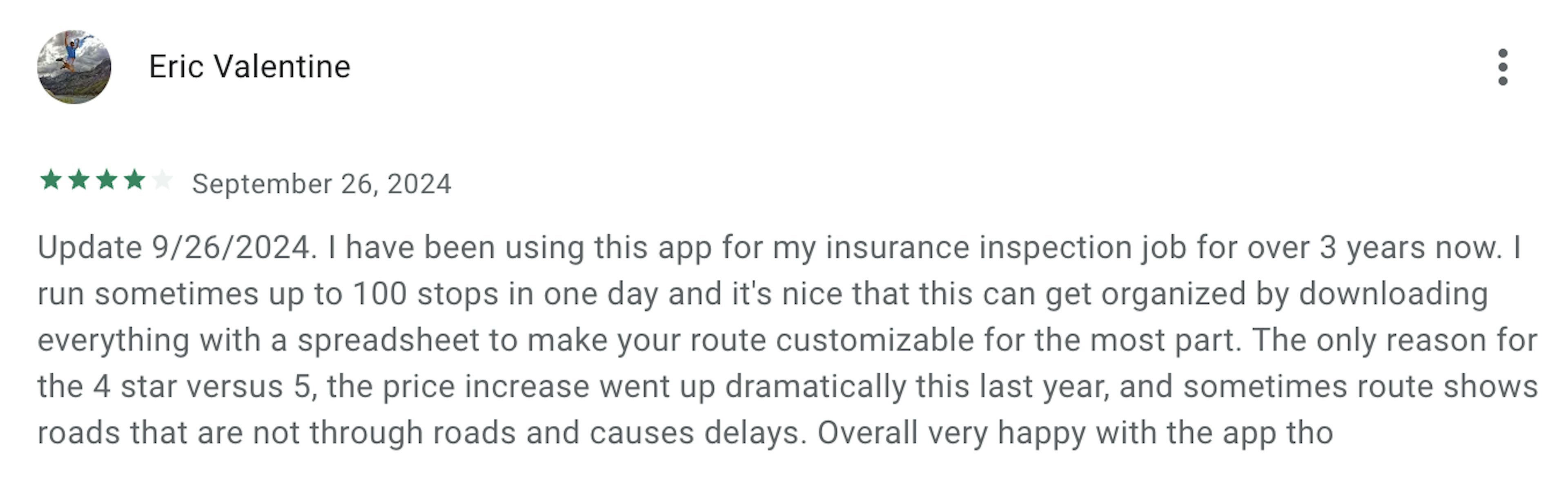 Positive review for RoadWarrior route planner app