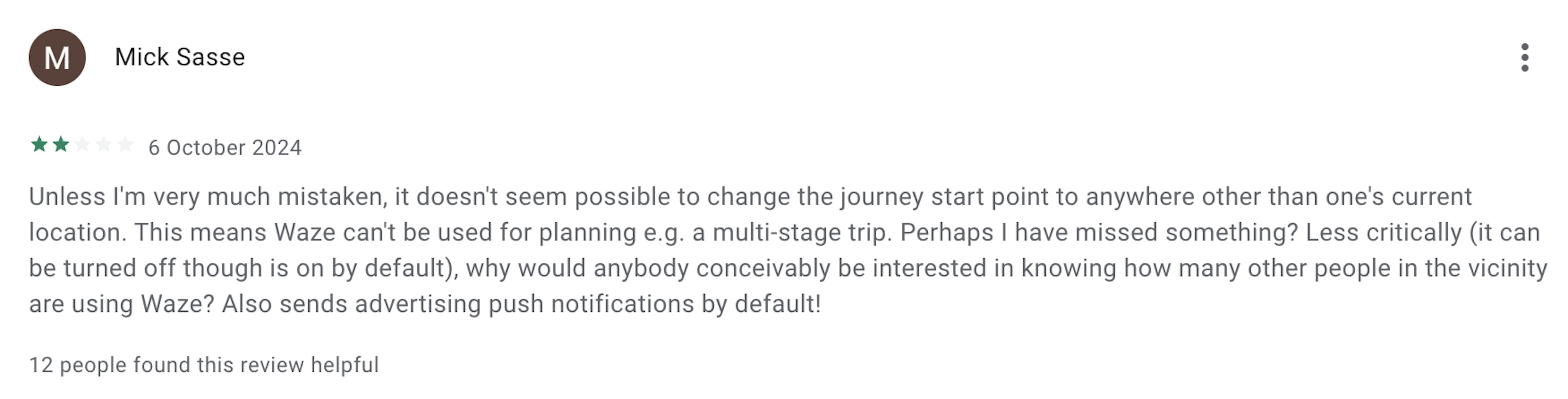 User review criticizing Waze for journey start limitations