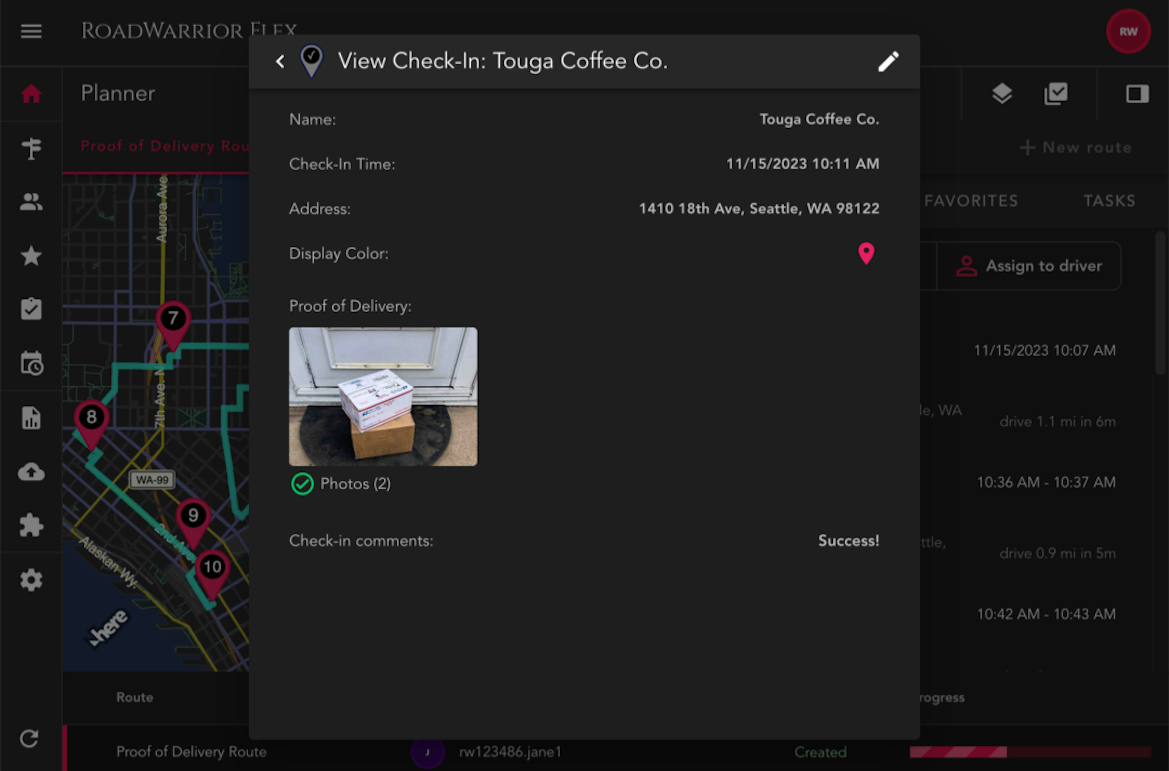 Roadwarrior Proof of delivery check-in screen showing details and photos