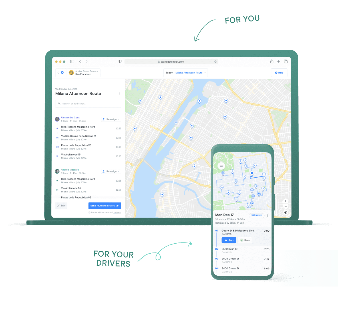 Circuit for Teams on desktop and the  route planner app on mobile