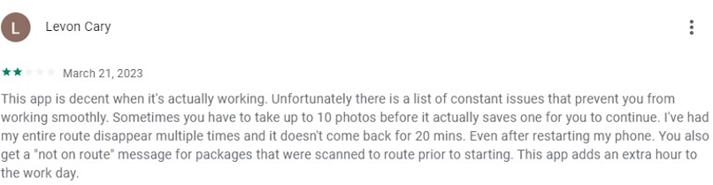 Route4Me negative delivery driver app review, March 2023.