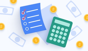 A blue checklist and a green calulator, surrounded by two dollar icons