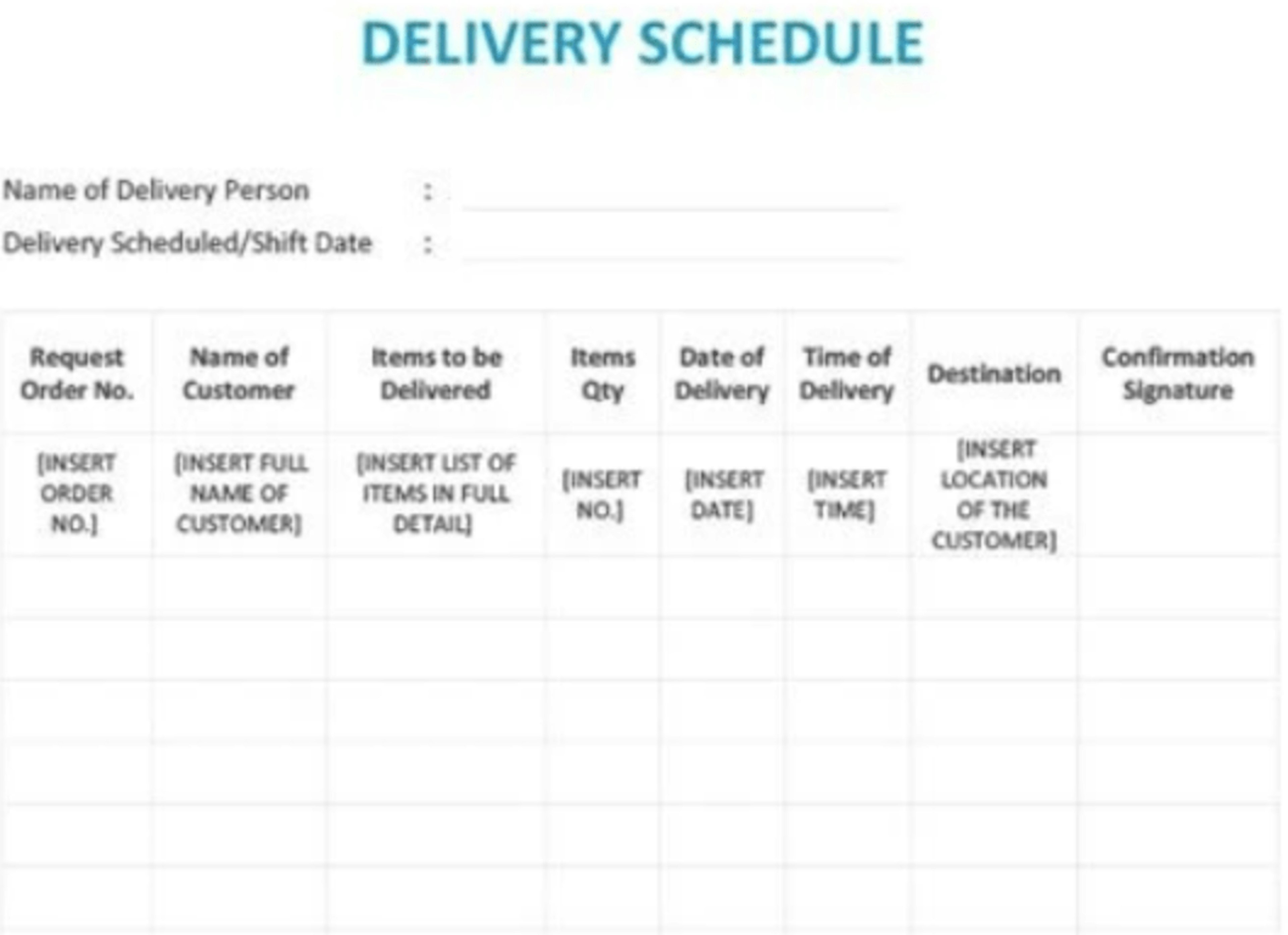 Delivery schedule template showing order details, customer names, delivery times, destinations and signature