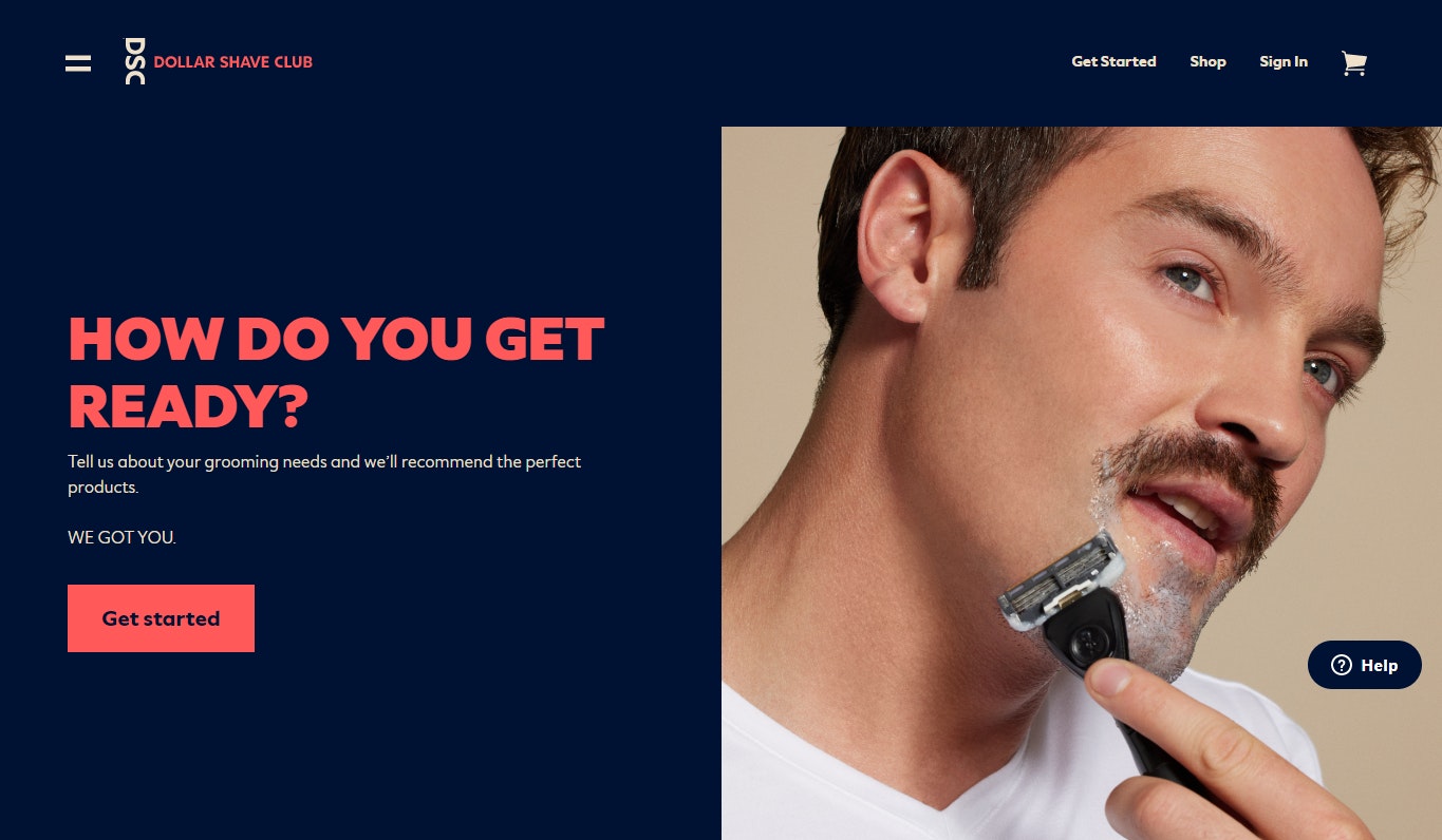 D2C subscription model Dollar Shave Club's homepage