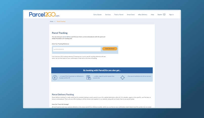 Website landing page for package2Go
