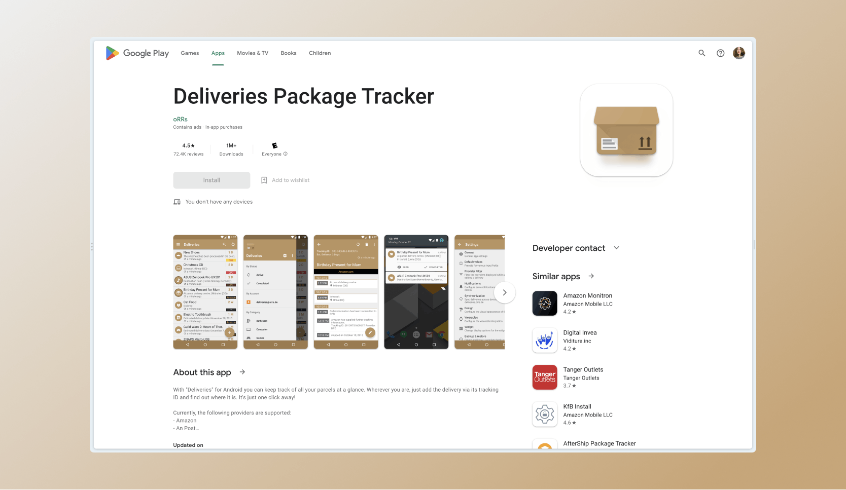 Google Playstore page for the Deliveries Package Tracker app