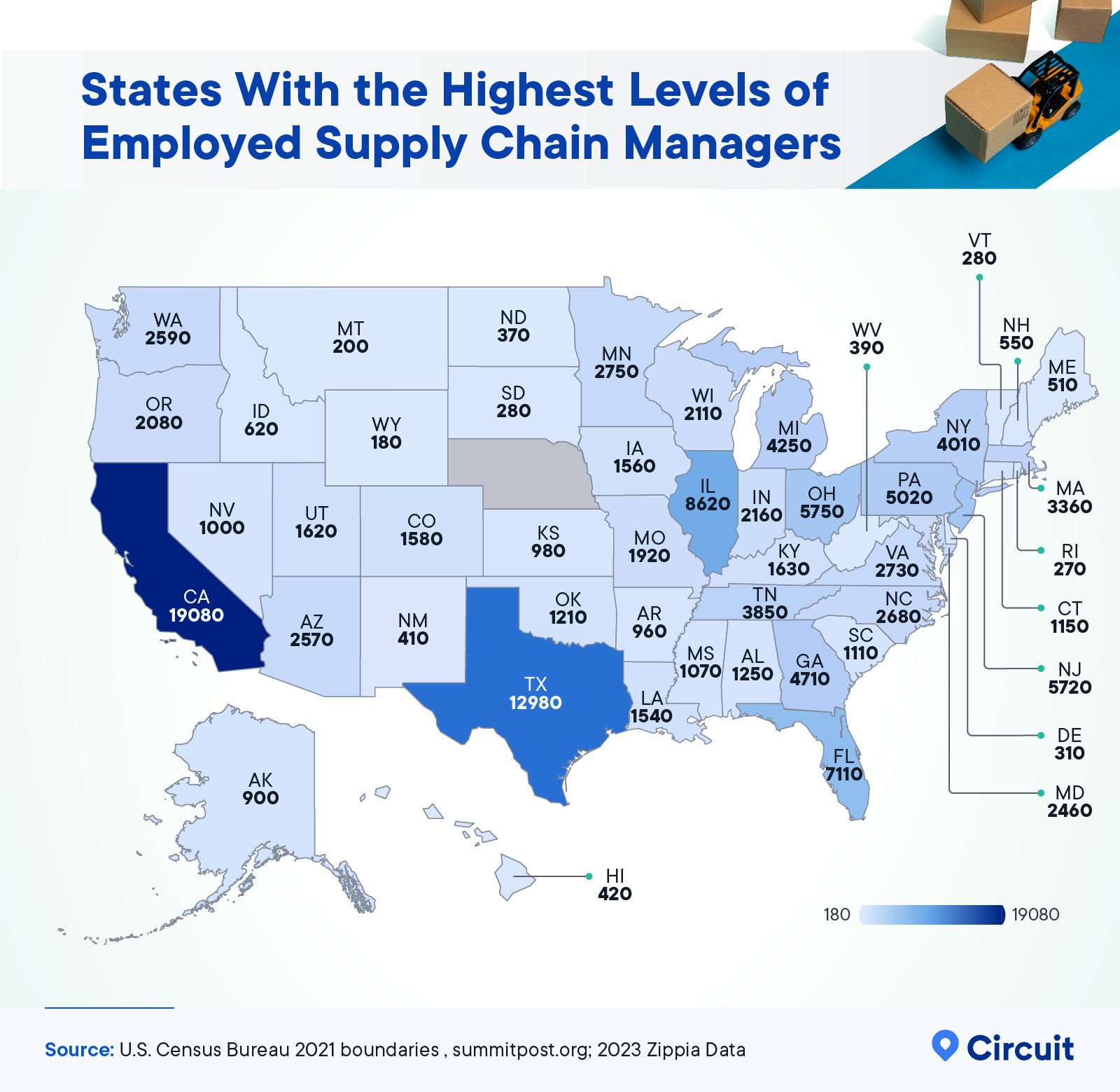 States with the highest levels of employed supply chain managers