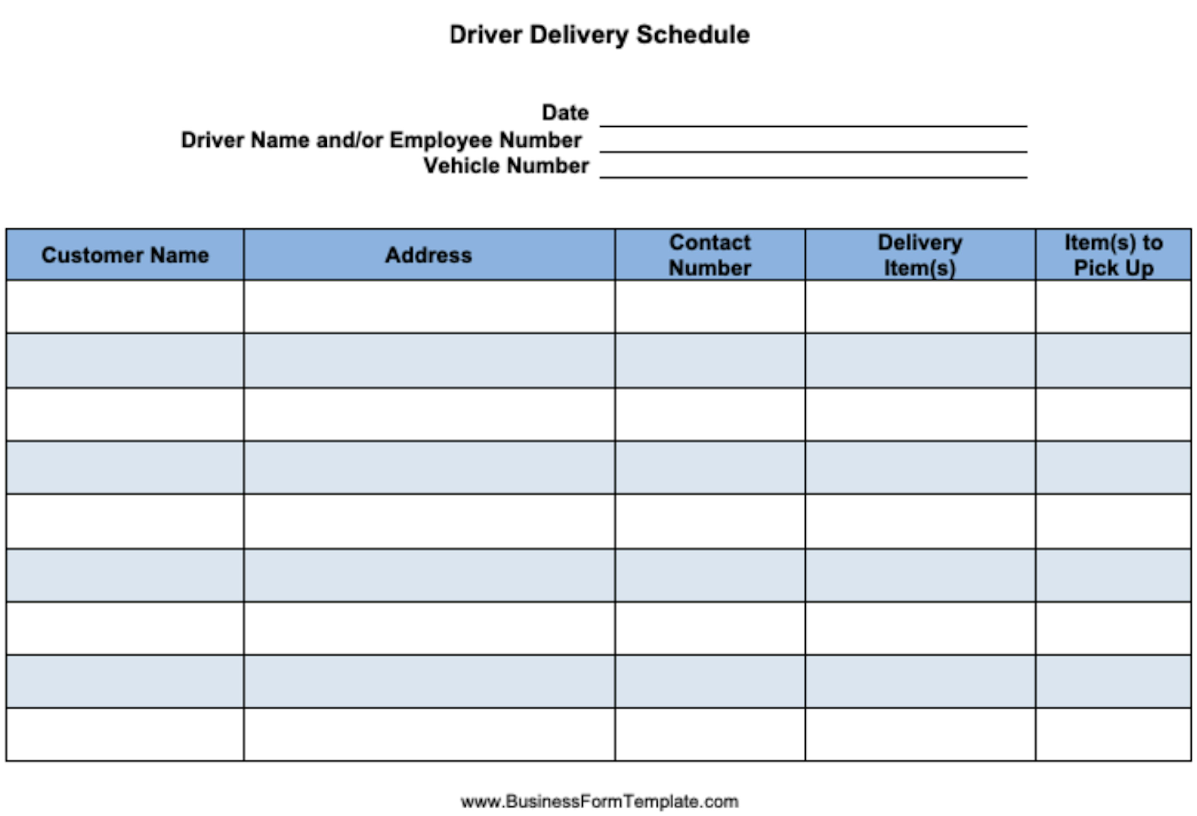 Driver delivery schedule form with fields for customer info, delivery items, and driver details