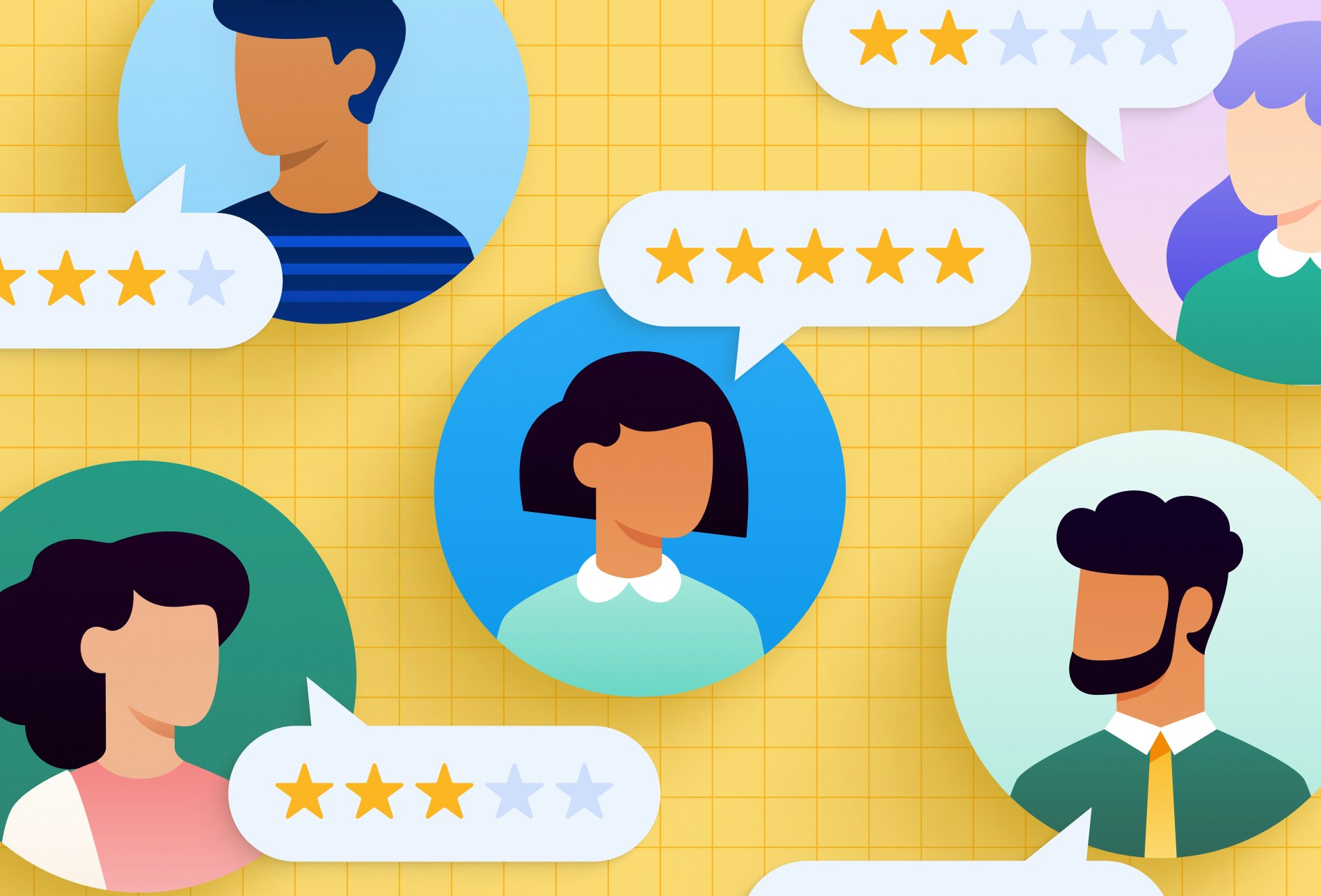 How poor delivery experience impacts online customer behavior: A group of illustrated profile pictures with speech bubbles showing star reviews