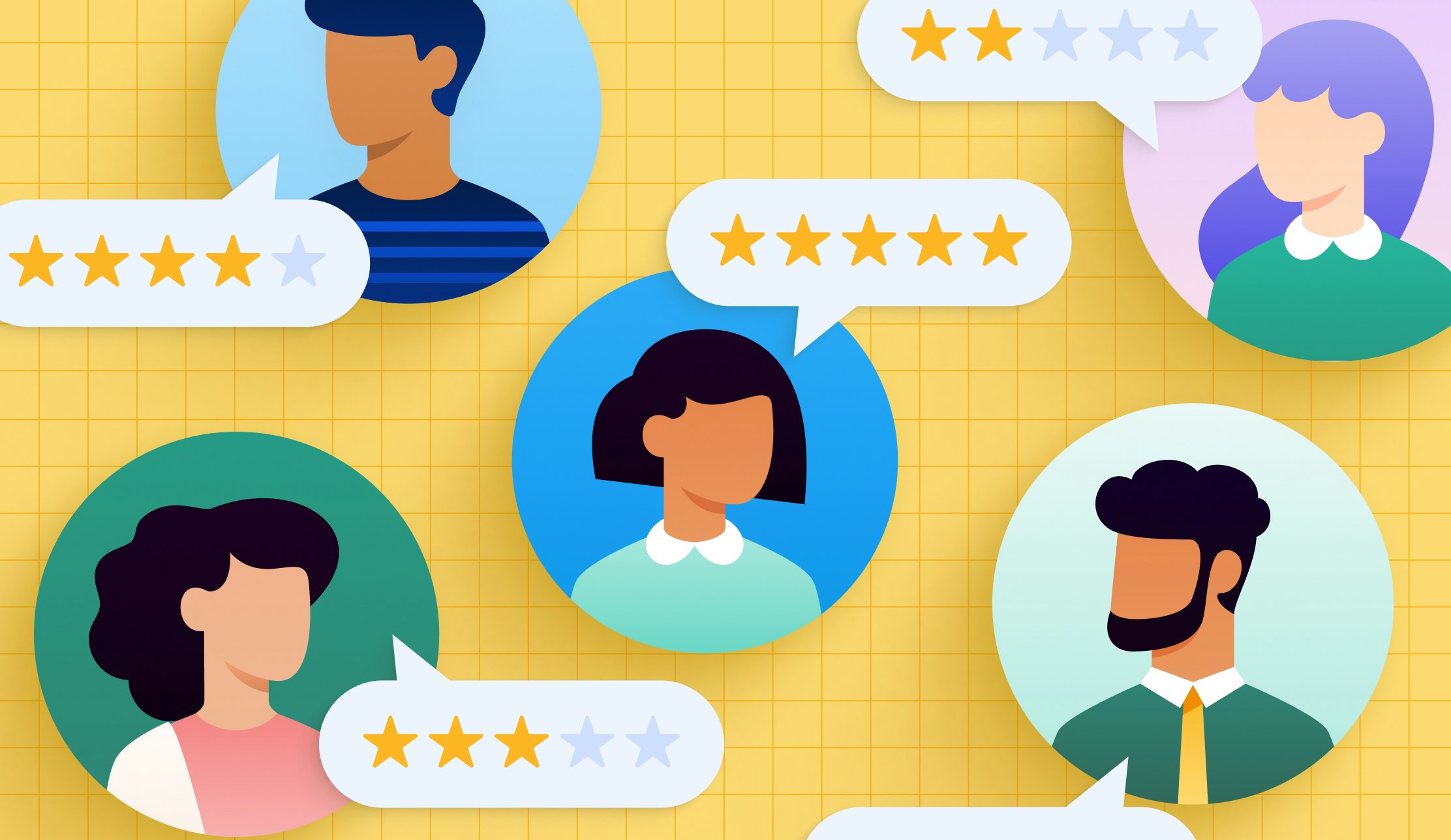 How poor delivery experience impacts online customer behavior: A group of illustrated profile pictures with speech bubbles showing star reviews