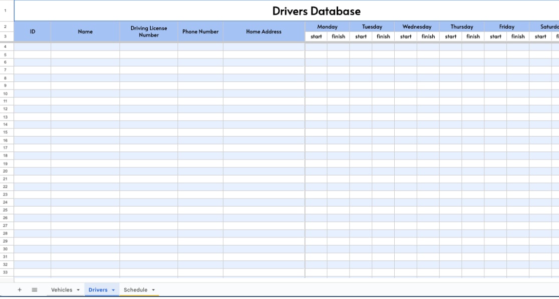 Empty driver database tab in a driver schedule template with fields for ID, name, license, contact, address and weekly hours.