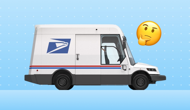 USPS courier truck with a thinking face emoji