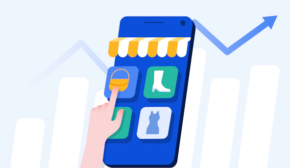 Cartoon hand using a shopping app on a mobile device