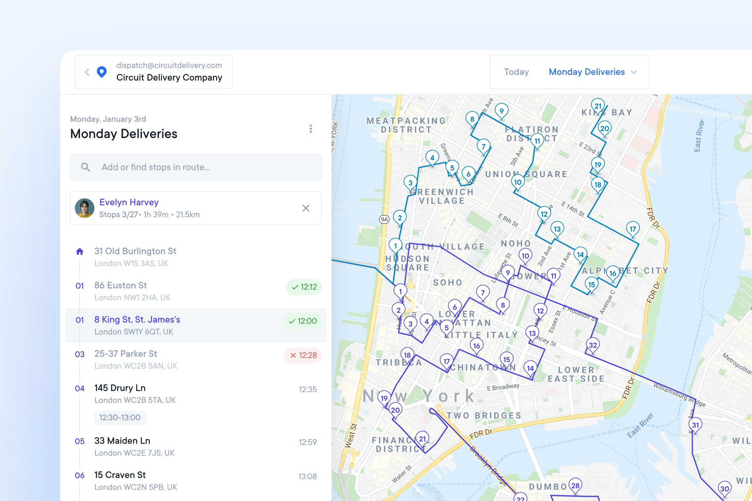 Circuit for Teams allows you to track your drivers in real-time, see all successful or failed deliveries, and plan routes for multiple drivers