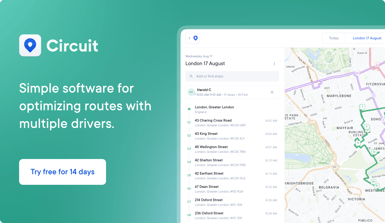 Circuit for Teams is a simple software for optimizing routes with multiple drivers. Click here to start your free 14-day trial.