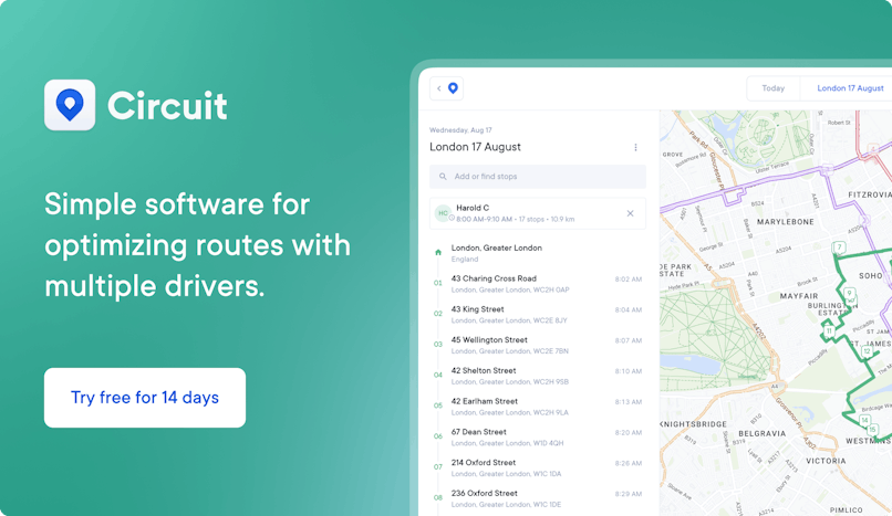 Circuit for Teams is a simple software for optimizing routes with multiple drivers. Click here to start your free 14-day trial.