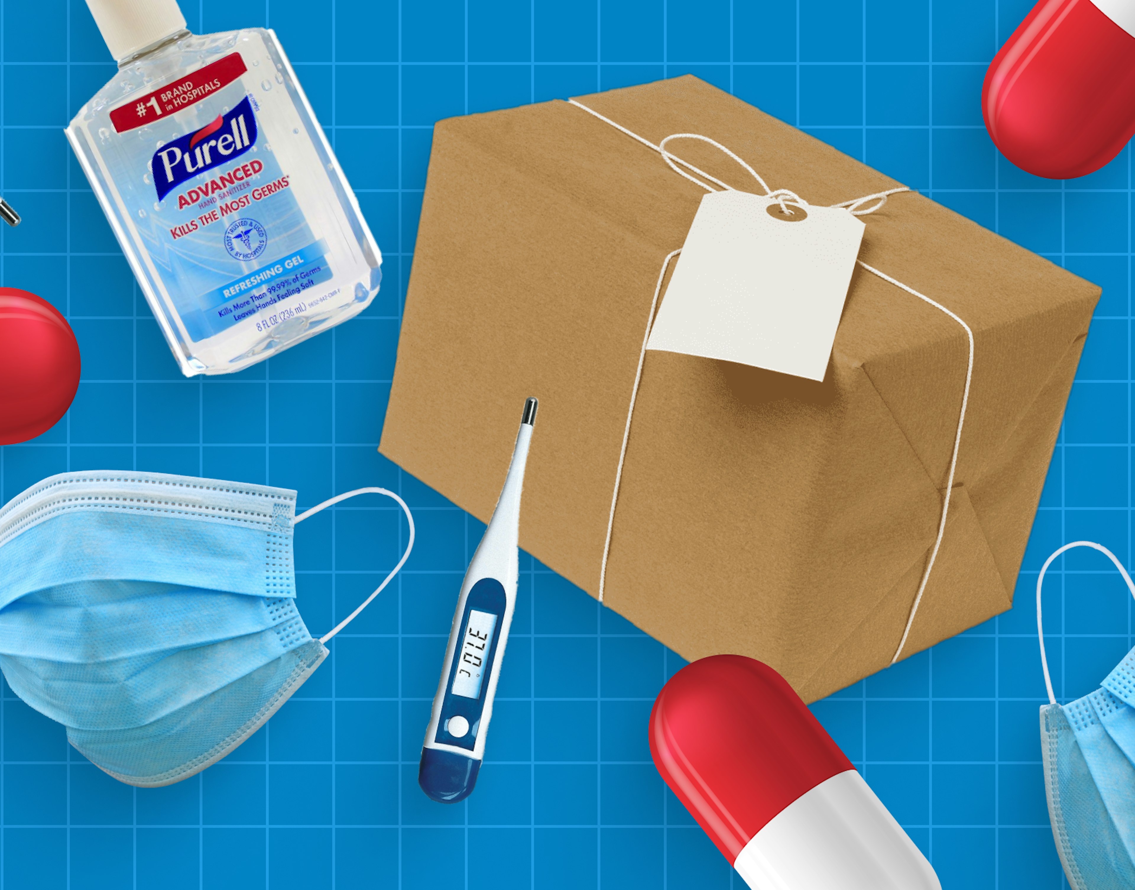 A brown paper-wrapped box with a white lable, surrounded by red and white pills, hand sanitizer, a face mask, and a COVID-19 rapid test