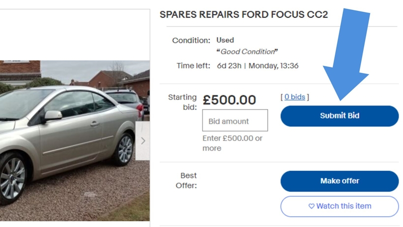 A computer screen displaying the eBay website and a hand hovering over the 'Place Bid' button while filling out the bid details. The eBay item description and bidding history are also visible on the screen, with a bidding form in the foreground.