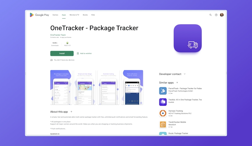 Google Playstore page for OneTracker – Package Tracker
