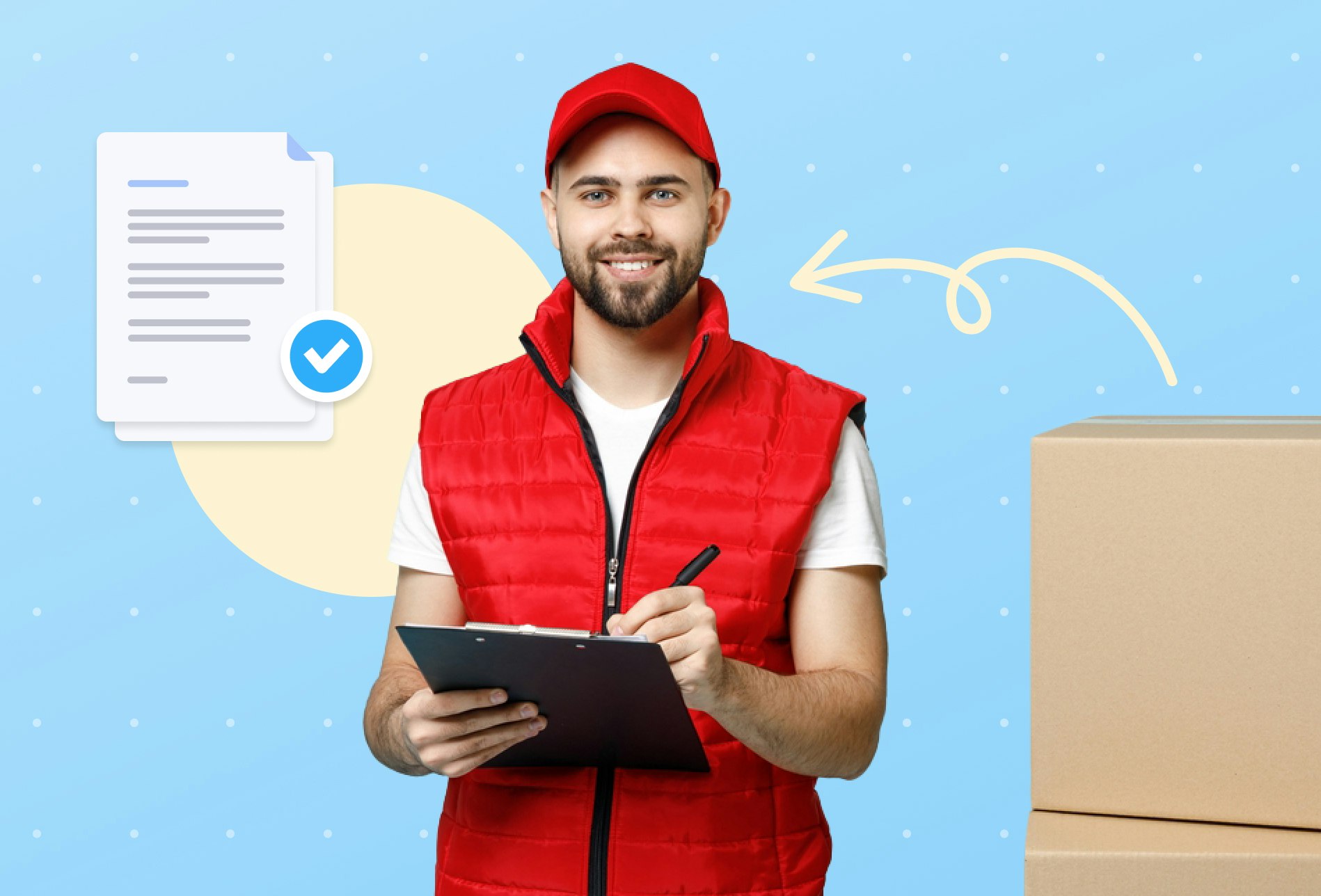 A delivery driver in a red top and cap. He has a beard, is smiling, and writing on a clipboard with a black pen. The image suggests the driver is at a customer's door with a package for them to sign for.