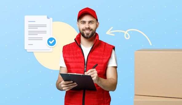 A delivery driver in a red top and cap. He has a beard, is smiling, and writing on a clipboard with a black pen. The image suggests the driver is at a customer's door with a package for them to sign for.