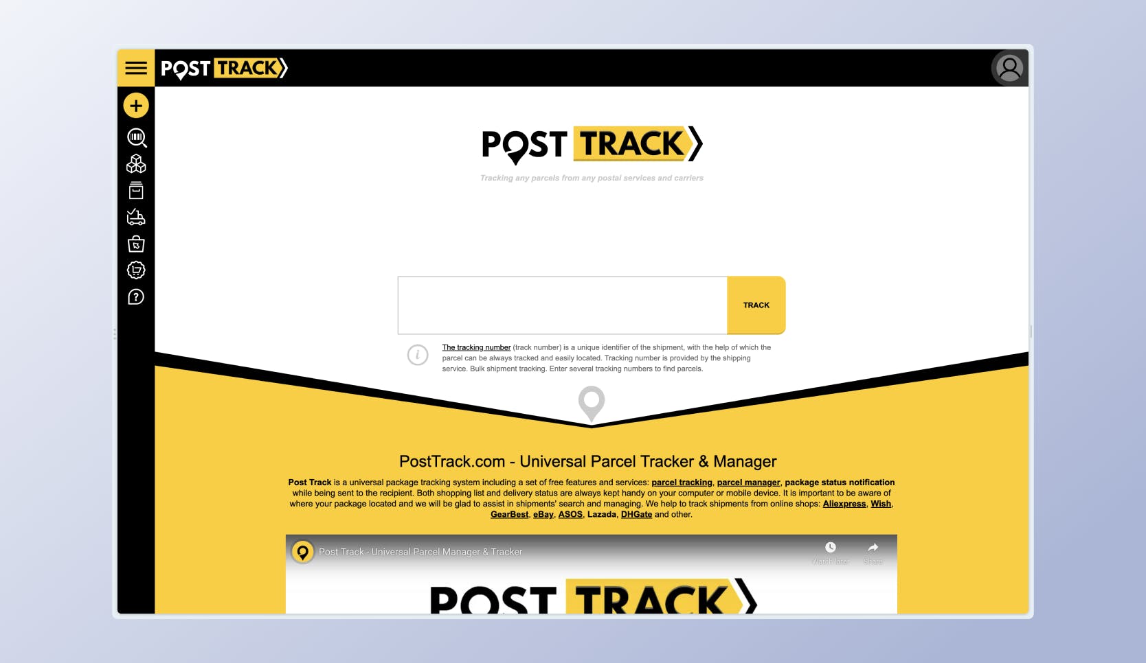 Website landing page for Post Track