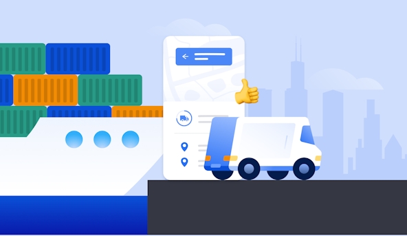 Illustration with a ship in the background docked at a port, and a white delivery vehicle in the foreground.
