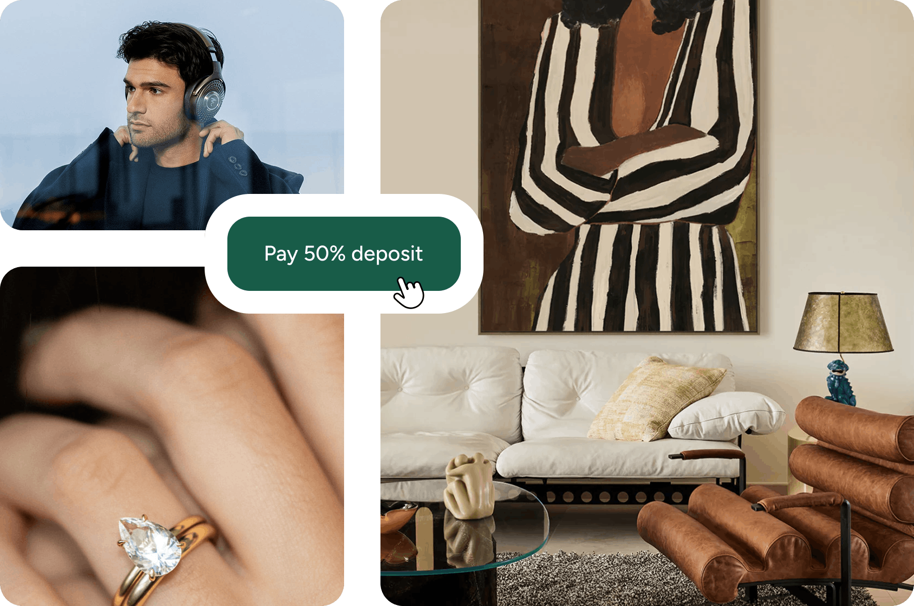 Man wearing high-end headphones, custom engagement ring with diamond, living room with made-to-order couch and lighting