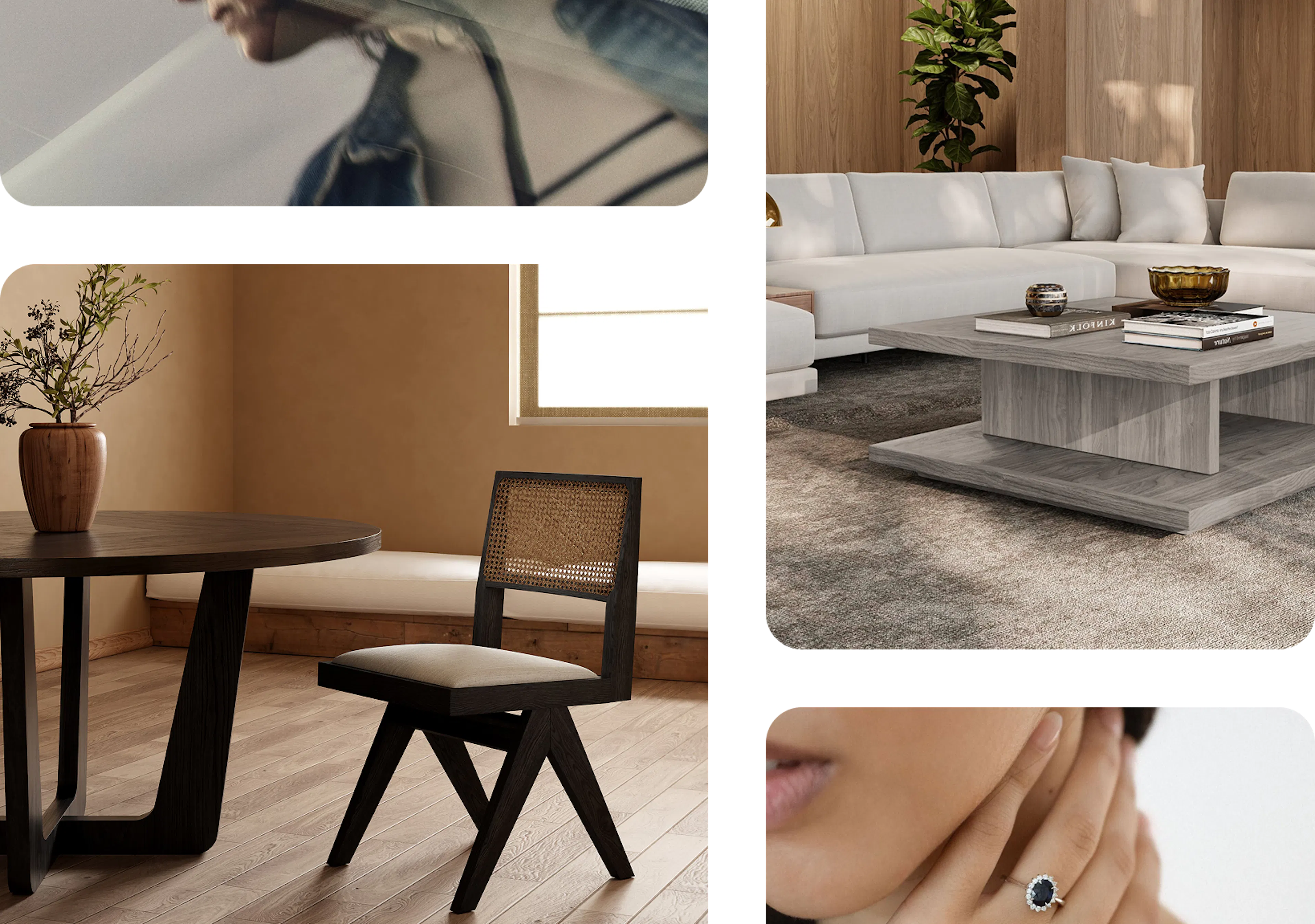 Wooden made-to-order table and chair, fabric custom sectional couch, woman with bespoke engagement ring, technology device