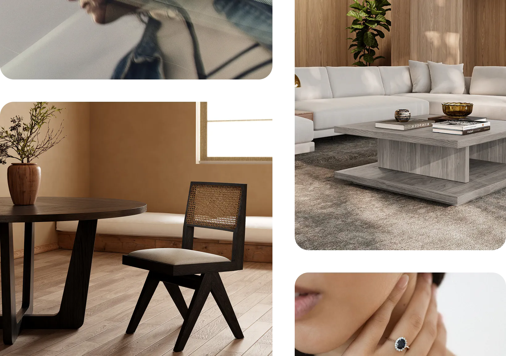 Wooden made-to-order table and chair, fabric custom sectional couch, woman with bespoke engagement ring, technology device