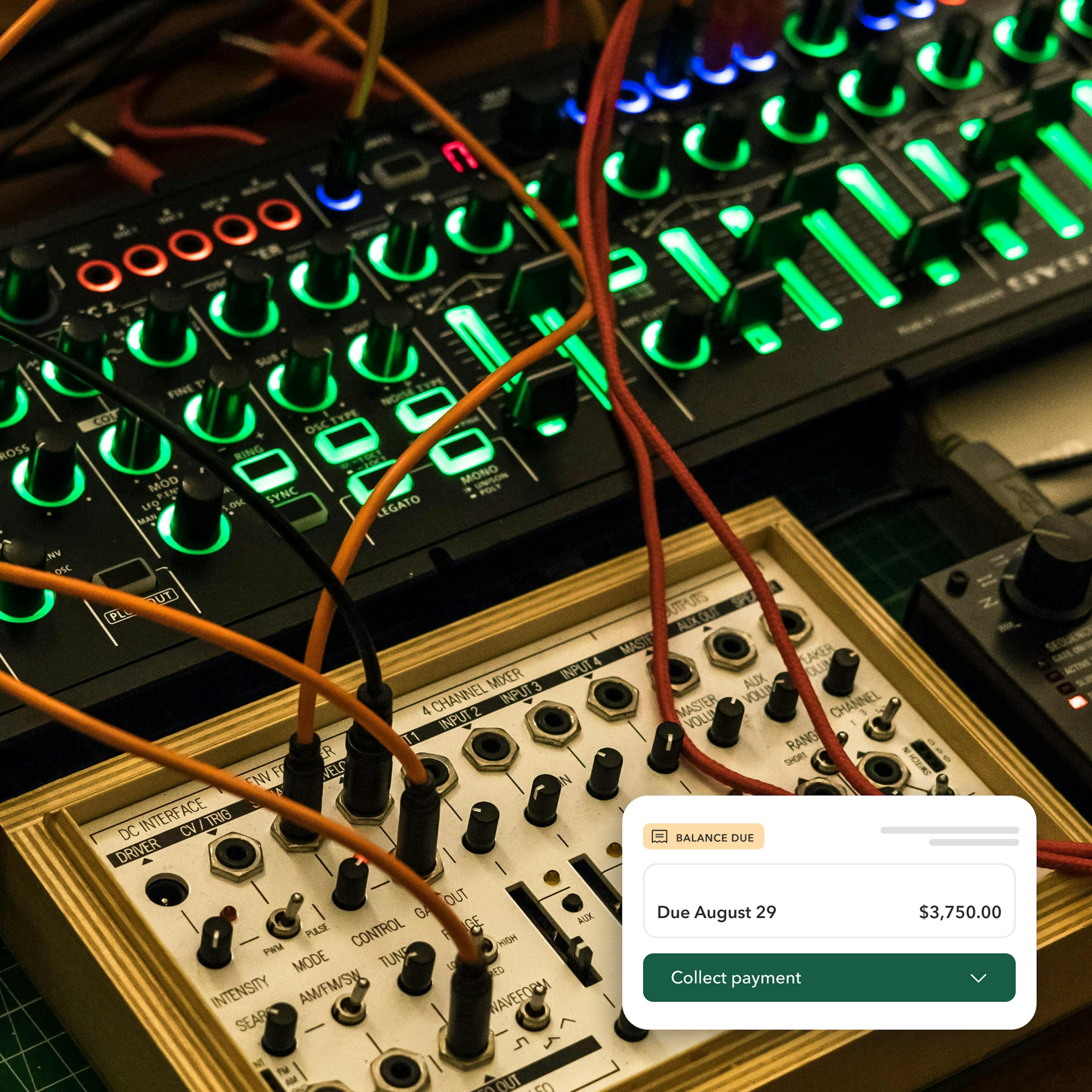 Tech device on preorder and Downpay modal showing balance due date of August 29, remaining balance, and button to collect payment.