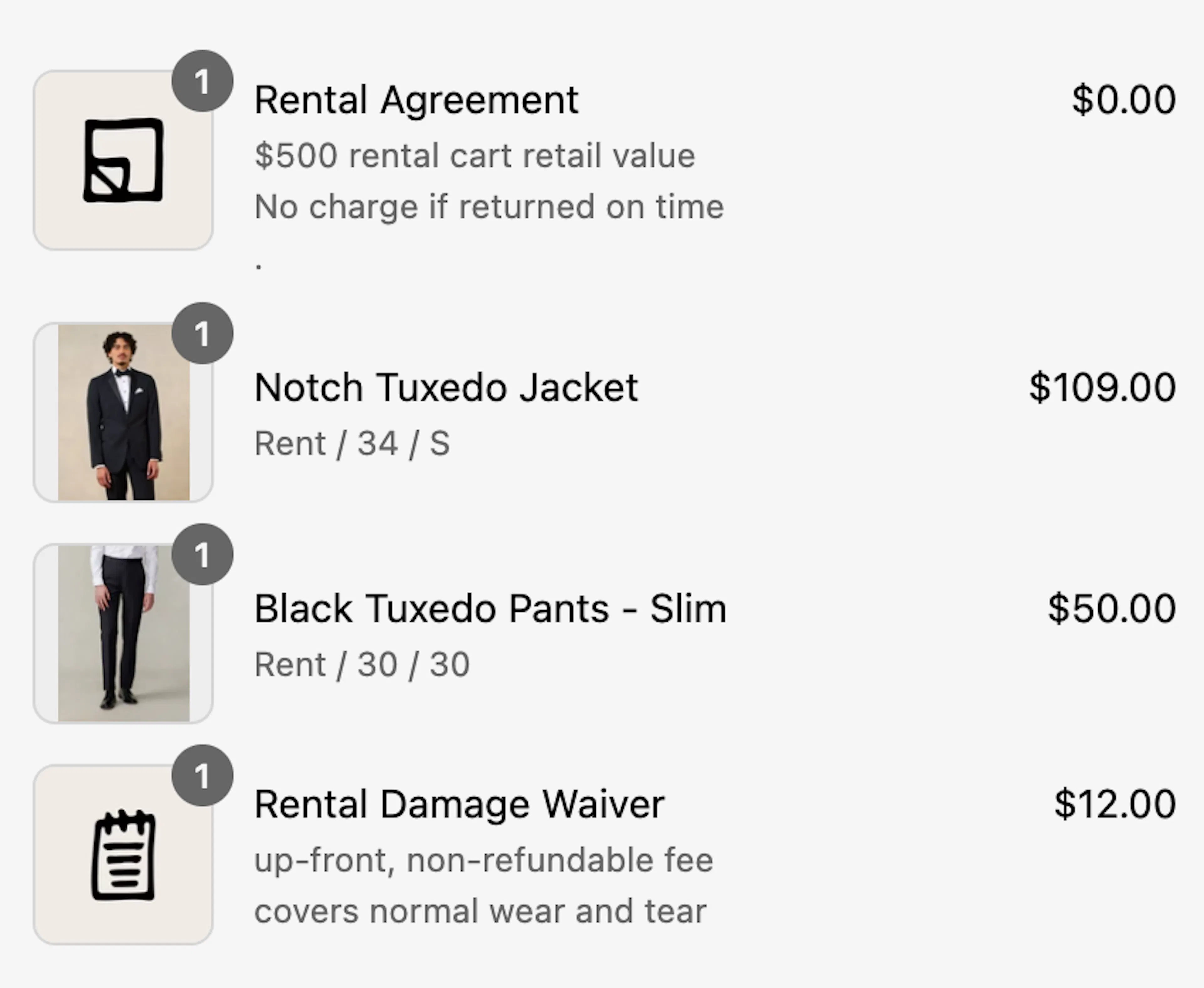 The Black Tux rental checkout with security deposit