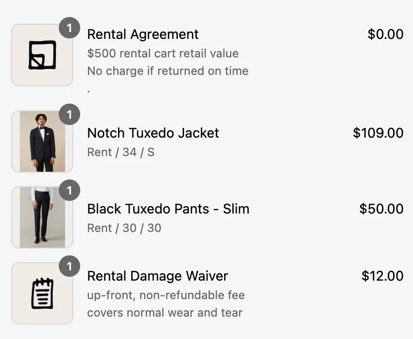 The Black Tux rental checkout with security deposit
